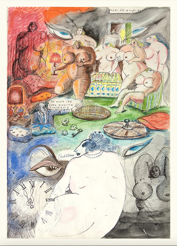 illustrazione occhi orologio corpi, di Federico Fellini, Rizzoli