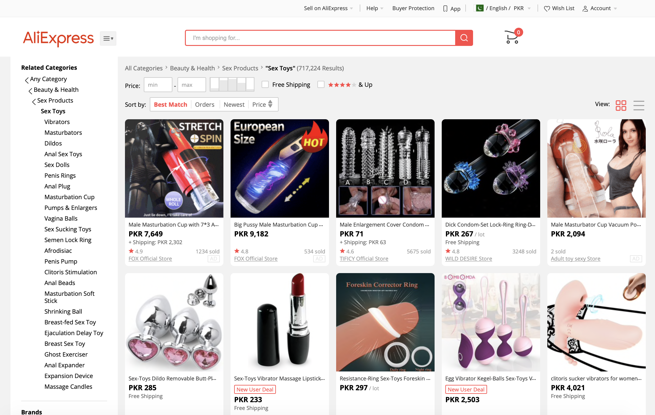 Chinese manufactured sex toys available in Pakistan through AliExpress.  