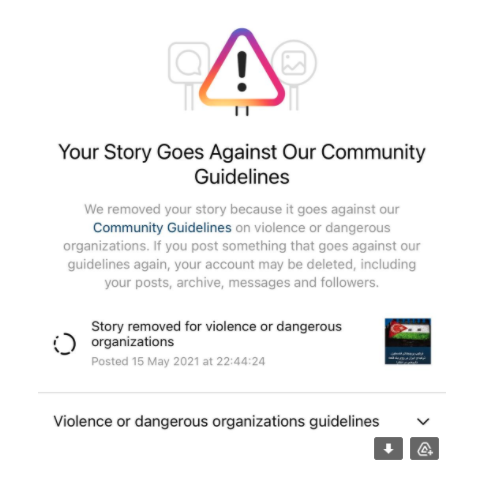 Instagram removed a story with a Palestinian, Iranian, and Turkish flag "for violence or dangerous organizations." Instagram screenshot