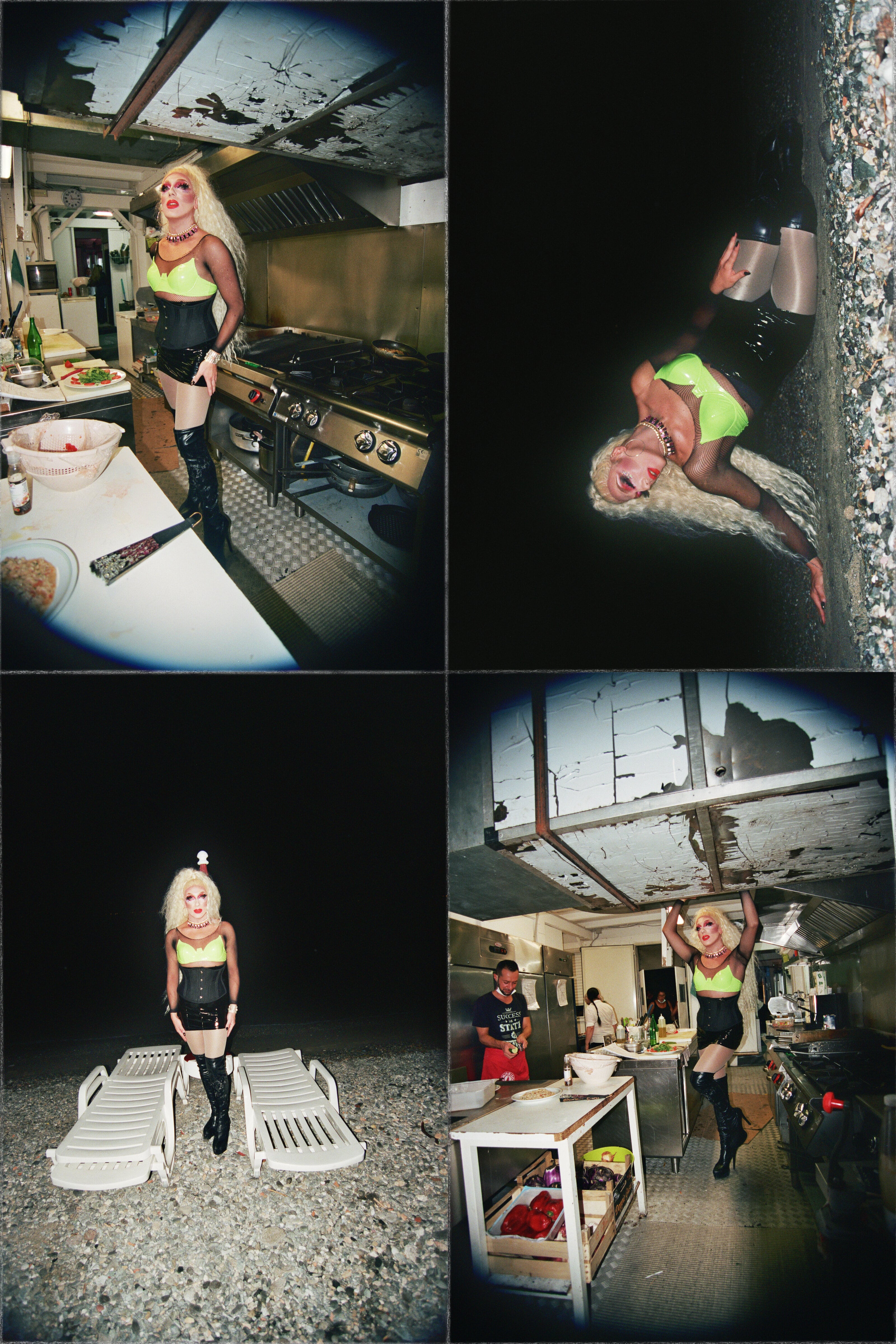 la drag queen nerisha di le portinaie fotografata sulla spiaggia e nella cucina di una pizzeria foto di Matteo Strocchia e Marco Servina