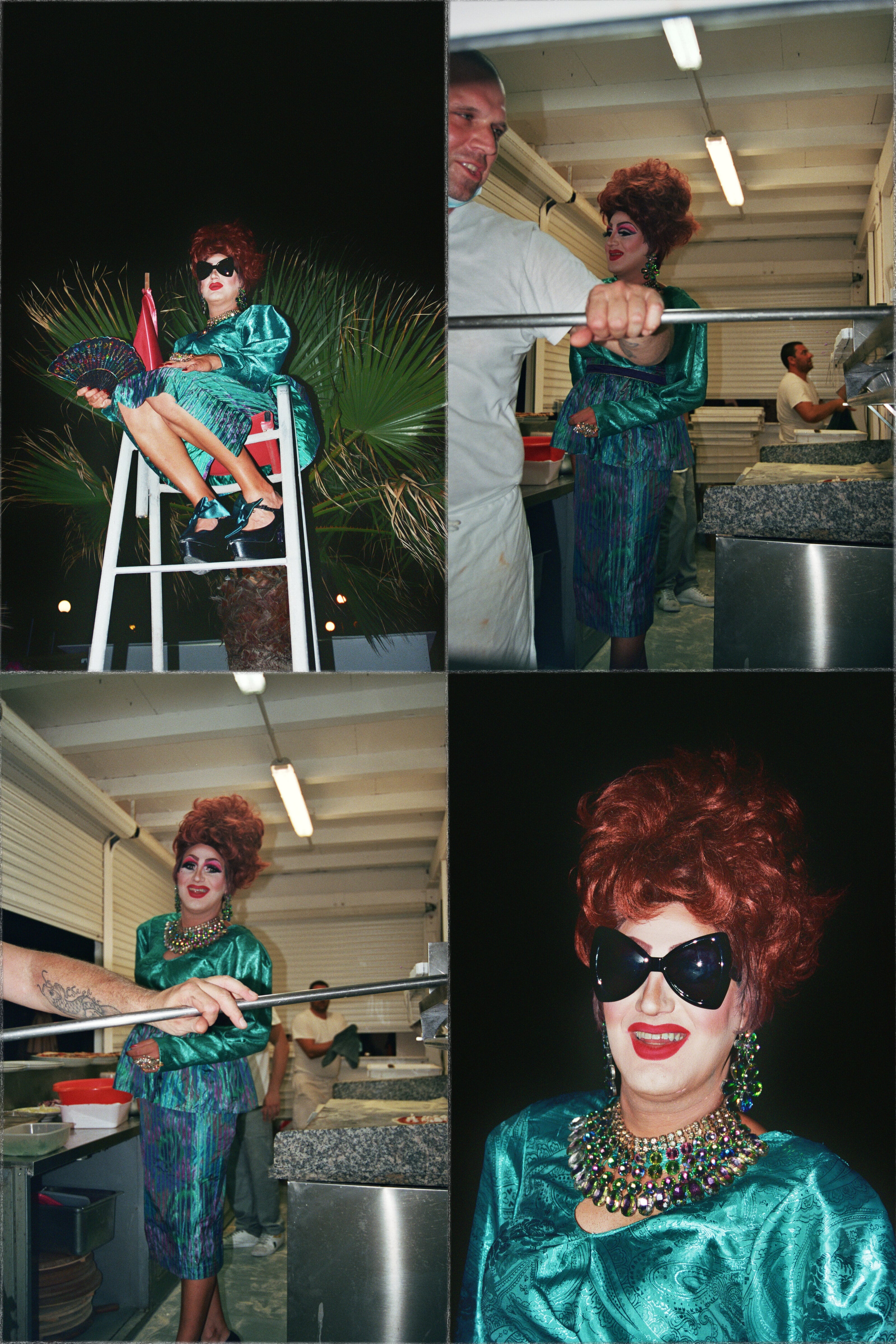 la drag queen doretta in diverse pose nella cucina di una pizzeria, seduta su una sedia da bagnino e con gli occhiali da sole, foto di Matteo Strocchia e Marco Servina