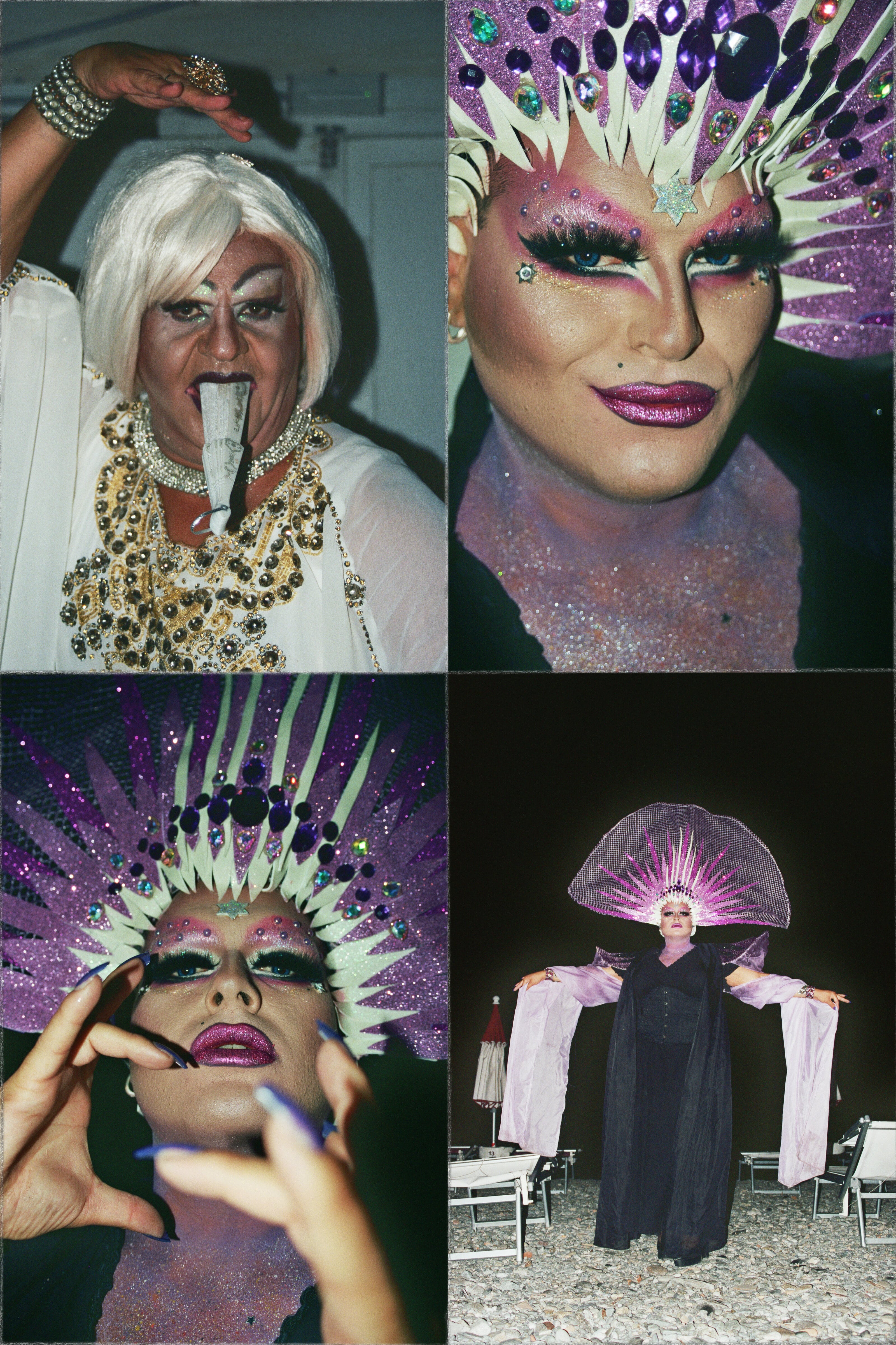 la drag queen lady godiva vestita di viola e la drag queen la divina vestita di bianco, foto di Matteo Strocchia e Marco Servina