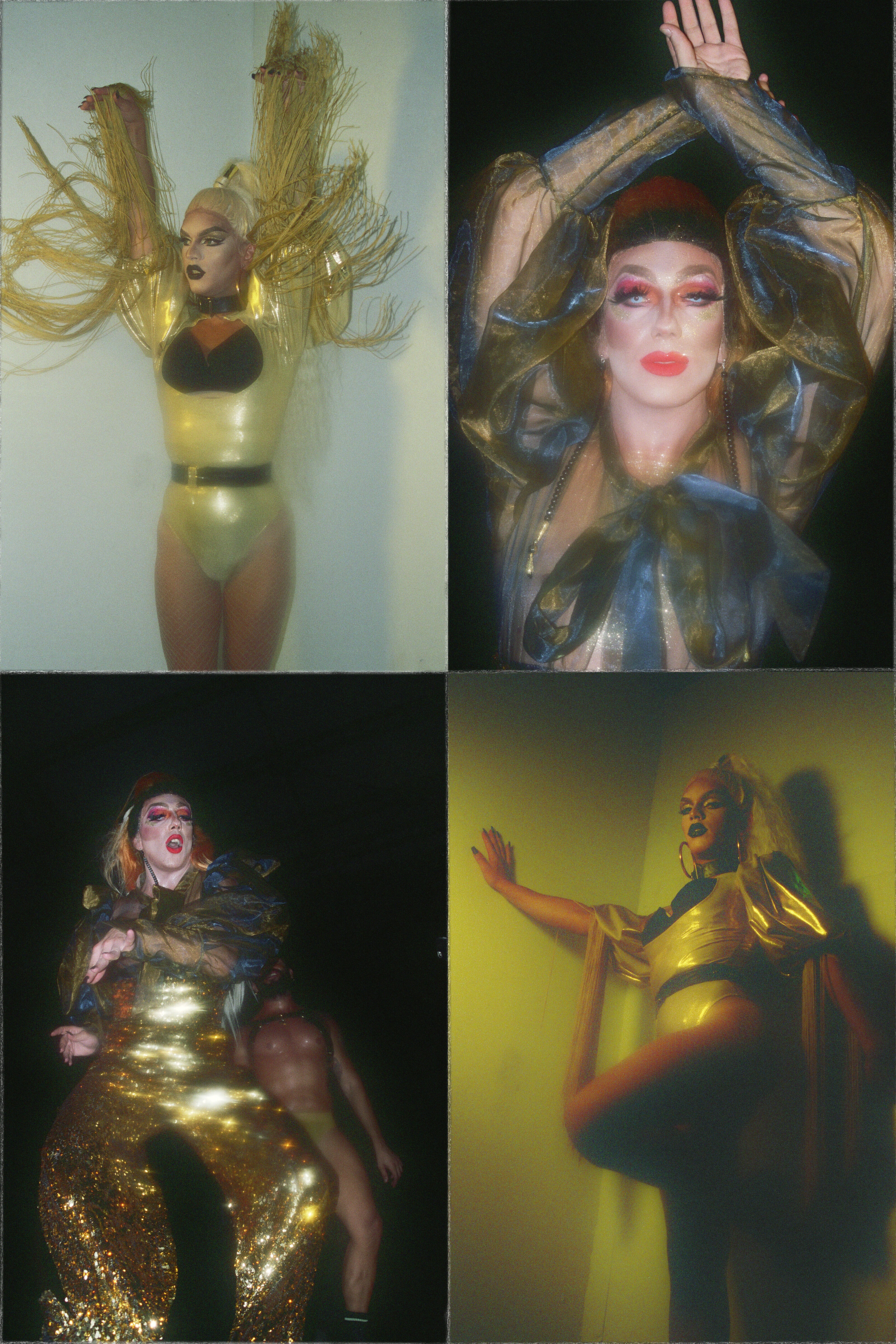 la drag queen nerisha e la drag queen lady aisy vestite d'oro che posano e ballano, foto di Matteo Strocchia e Marco Servina