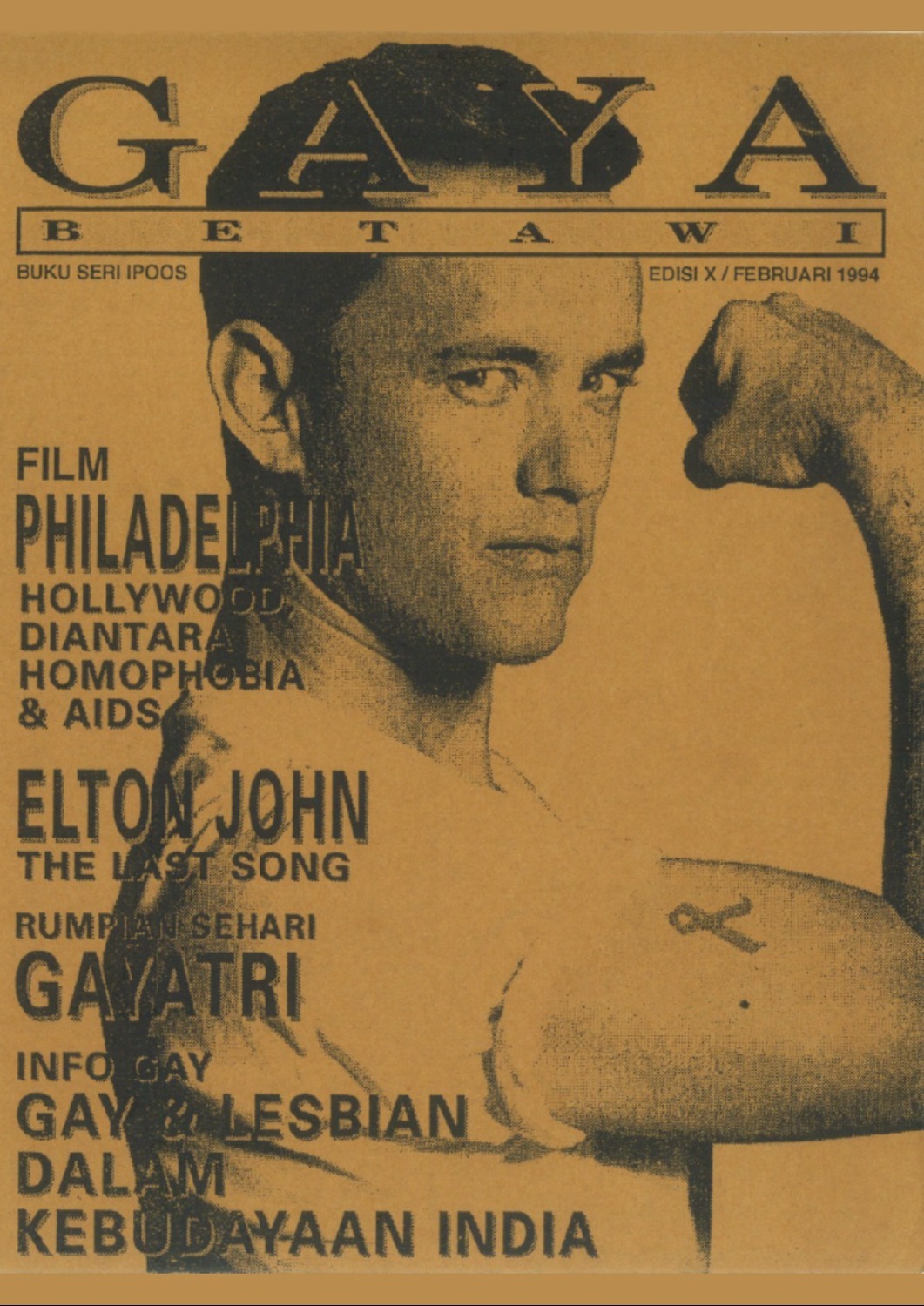 Sampul majalah Gaya Betawi pada 1994 yang membicarakan film Tom Hanks “Philadelphia”. Foto oleh Queer Indonesia Archive