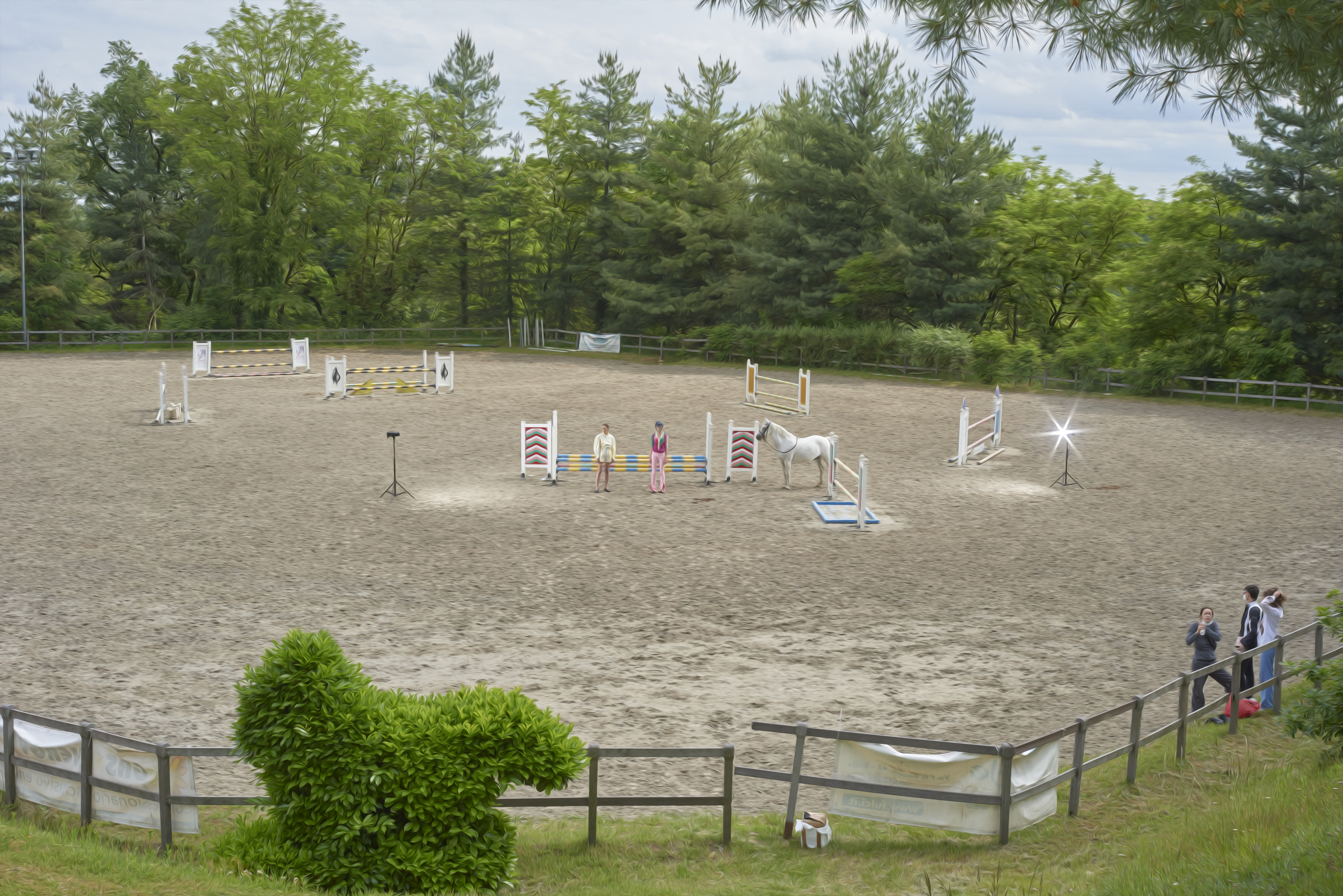 ragazza in mezzo alla pista di equitazione con ostacoli e cavalli