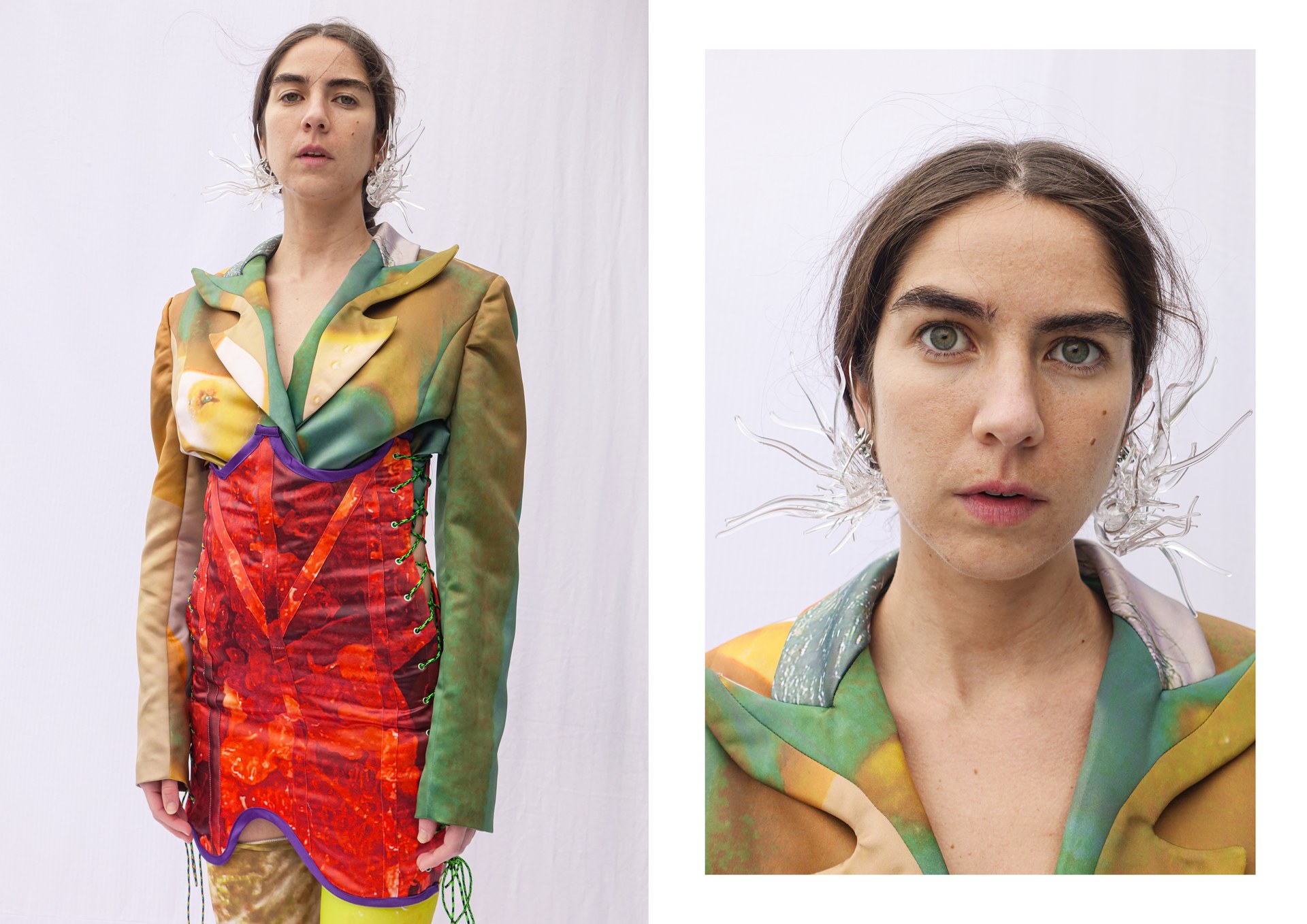 A model wearing a full look from Anna Deller-Yee's RCA MA graduate collection