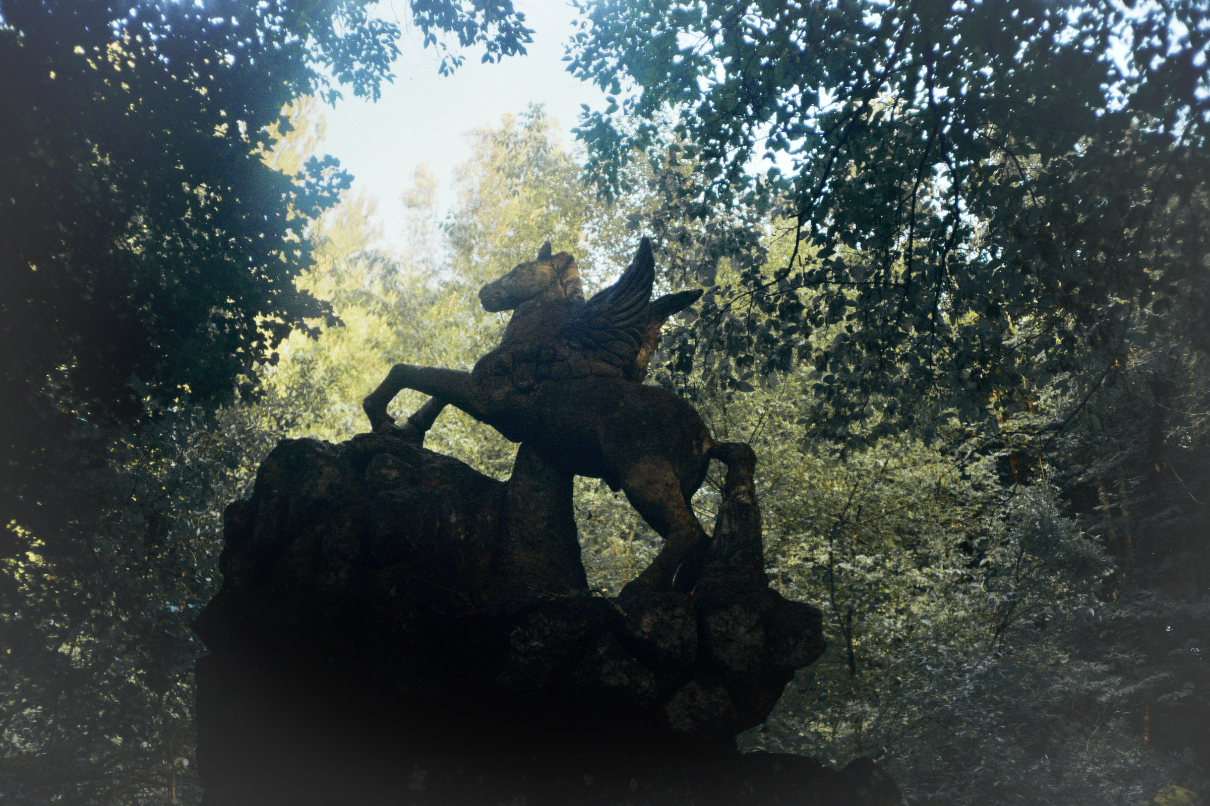 statua in pietra in mezzo agli alberi di un cavallo alato
