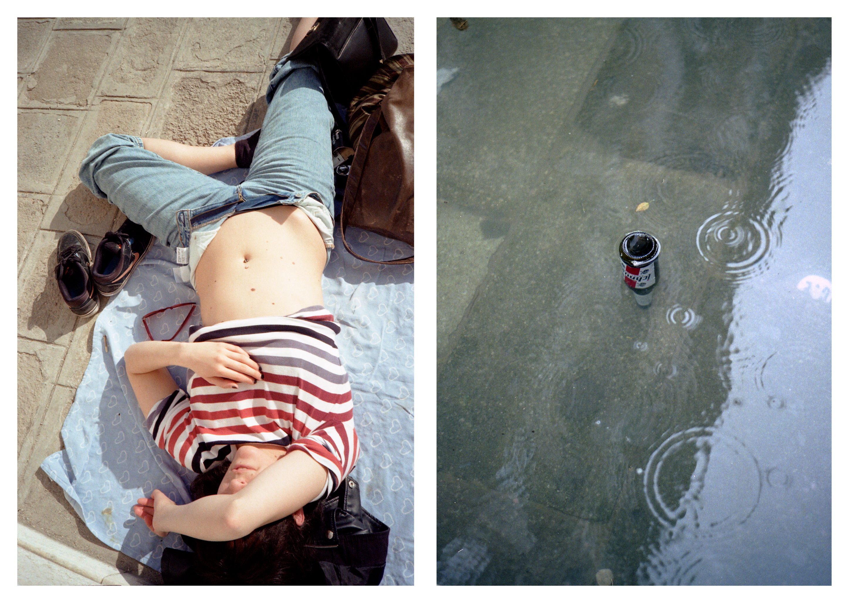 ragazza distesa e acqua alta a Venezia, dittico 01, fotografia di Celia Cadamuro