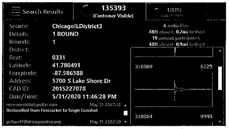 A screenshot of the ShotSpotter alert from 11:46 PM, May 31, 2020 showing that the sound was manually reclassified from a firecracker to a gunshot