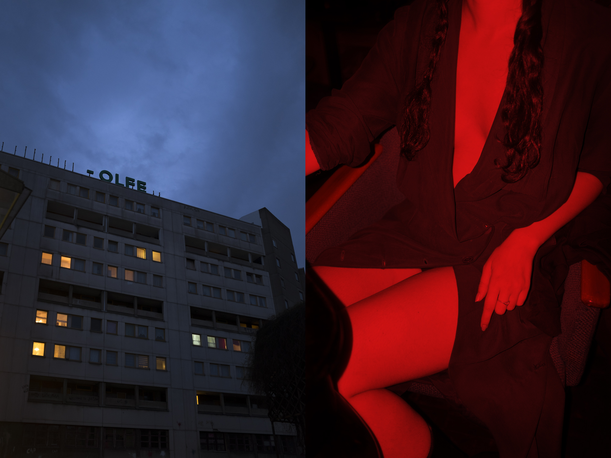 a building in berlin alongside a portrait of a woman sitting in red light martina cirese