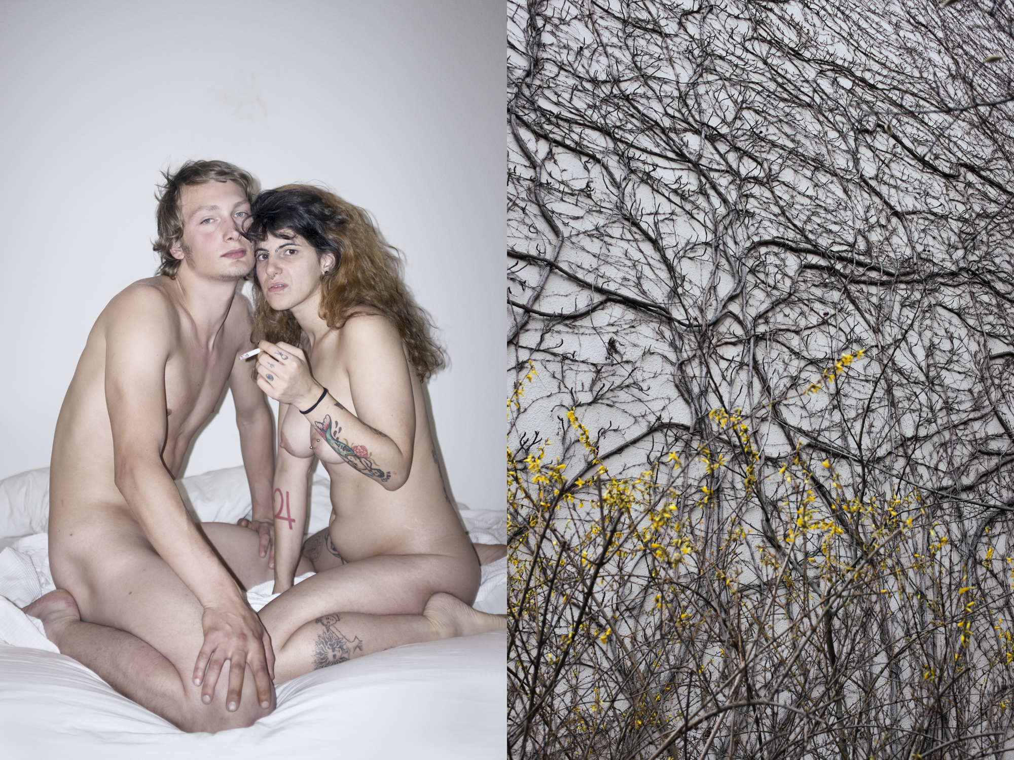 a naked couple sitting on a bed smoking collaged with a photo of trees outside