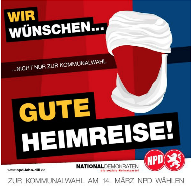 A Facebook advert paid for by the neo-Nazi National Democratic Party (NPD), revealed by the Hope Not Hate report, "The radical right and paid-for Facebook advertising in Germany"