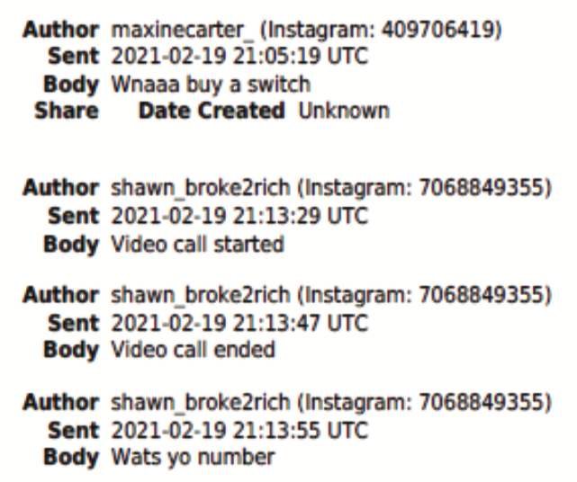 Tangkapan layar riwayat chat di Instagram yang tercantum dalam dokumen pengadilan.