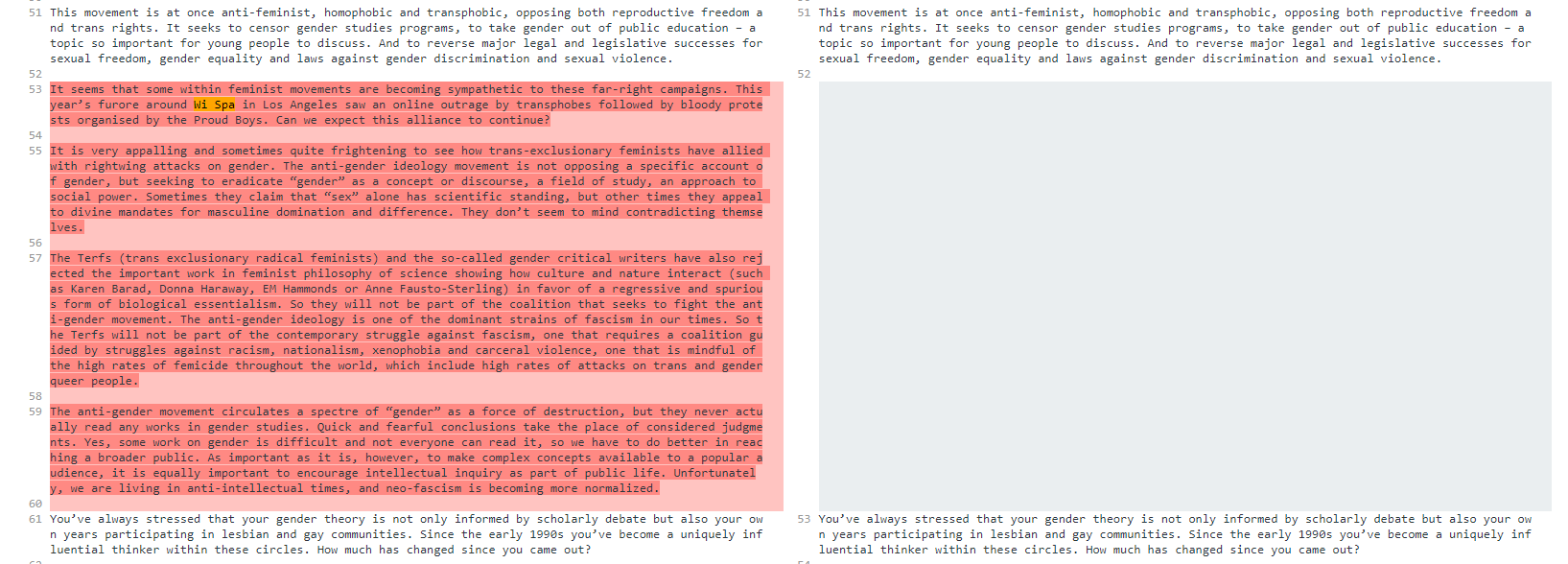 Portion of the Guardian interview with Judith Butler that was deleted.