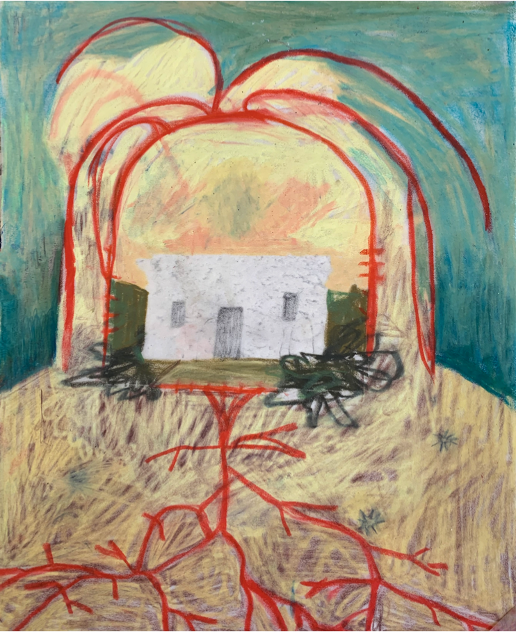 an abstract painting of a house with roots by amy bravo