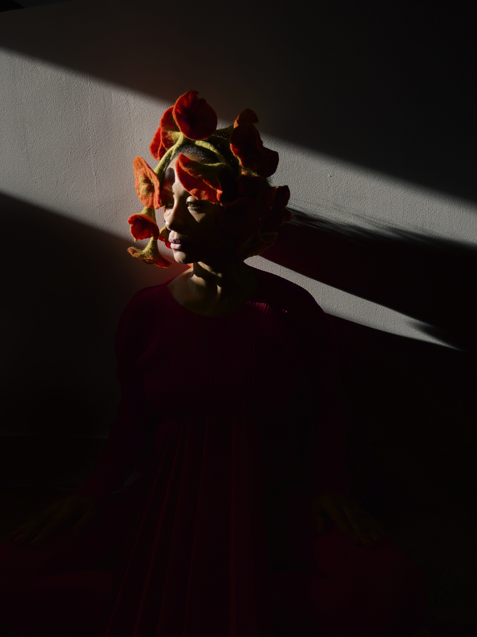 self-portrait of a woman in the shadows with flowers in her hair by djeneba aduayom