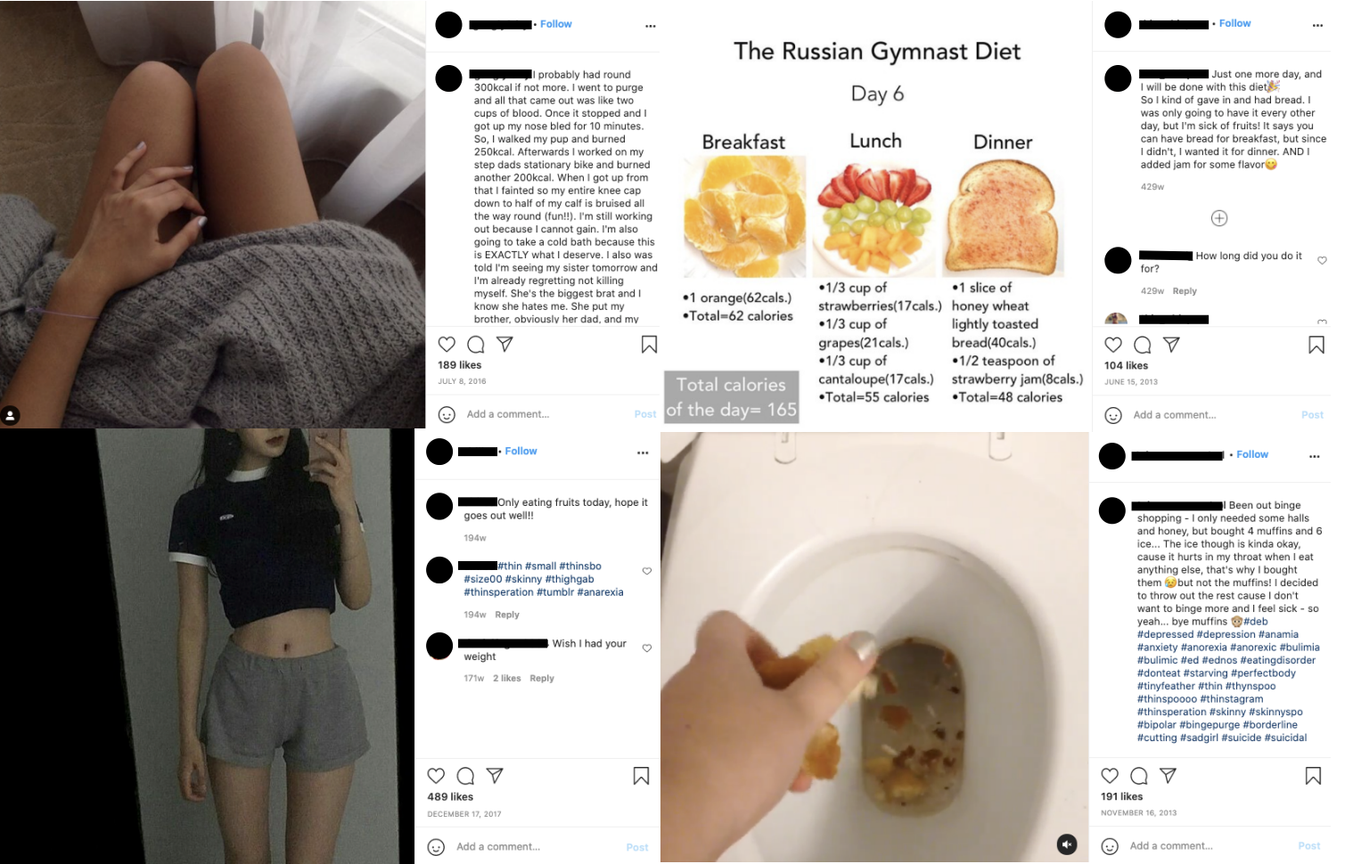 Examples of some of the posts using eating disorder-linked hashtags on Instagram. Credit: SumOfUs