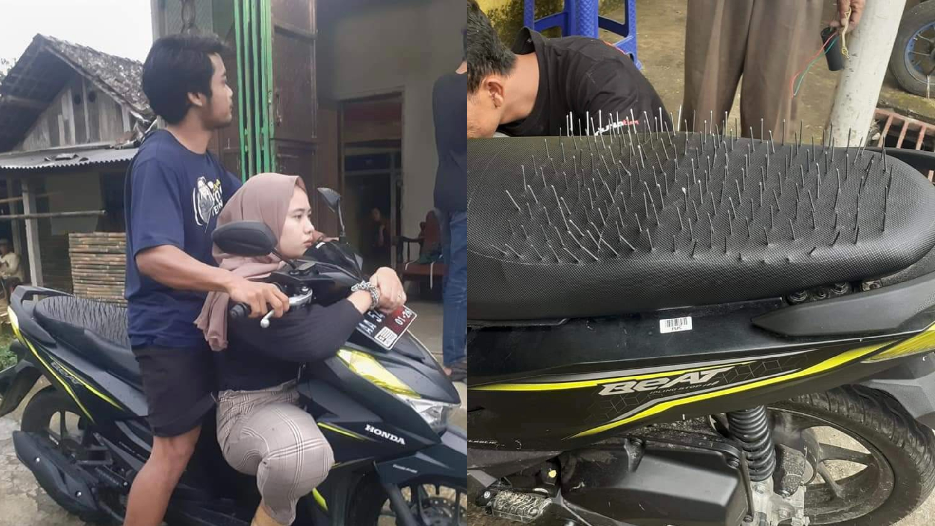 Motor dengan jok penuh paku