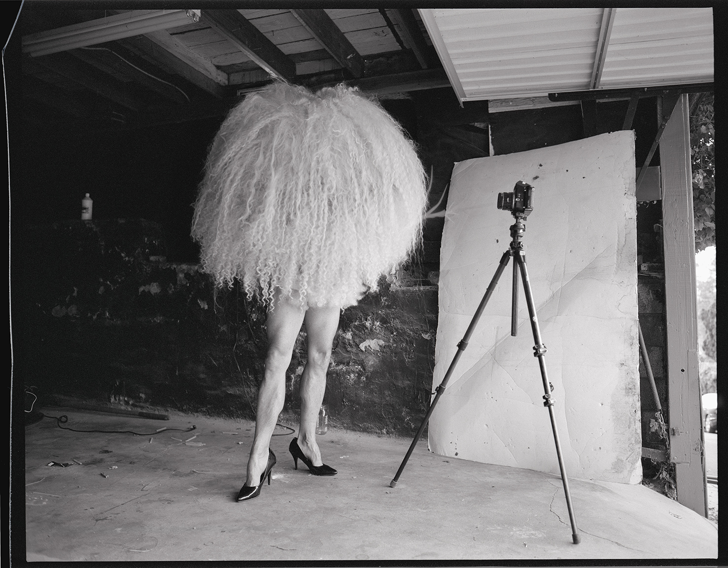 a portrait of a man wearing a giant wig and heels by michael bailey-gates