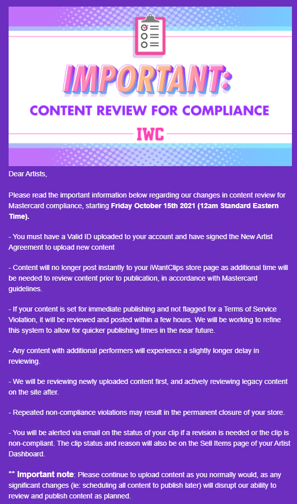 New guidelines for creators using iWantClips, sent via email.