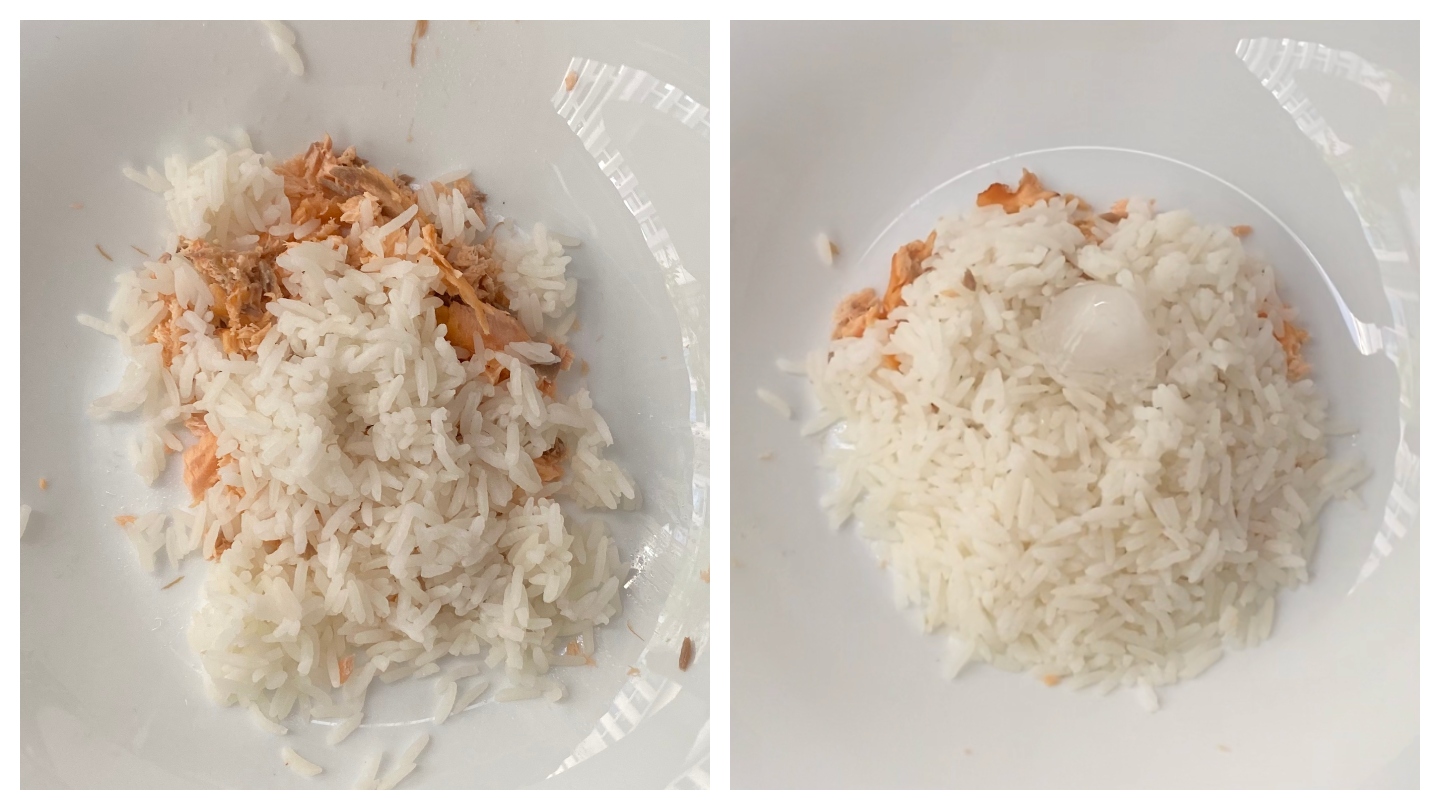 (Kiri) Nasi salmon yang dipanaskan tanpa es. (Kanan) Nasi salmon dipanaskan dengan es
