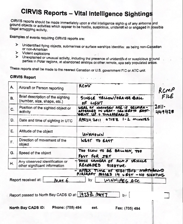 Canadian ufologist Chris Rutkowski states this “vital intelligence sightings” report was sent to him in May 2011 by Royal Canadian Air Force personnel with NORAD. 