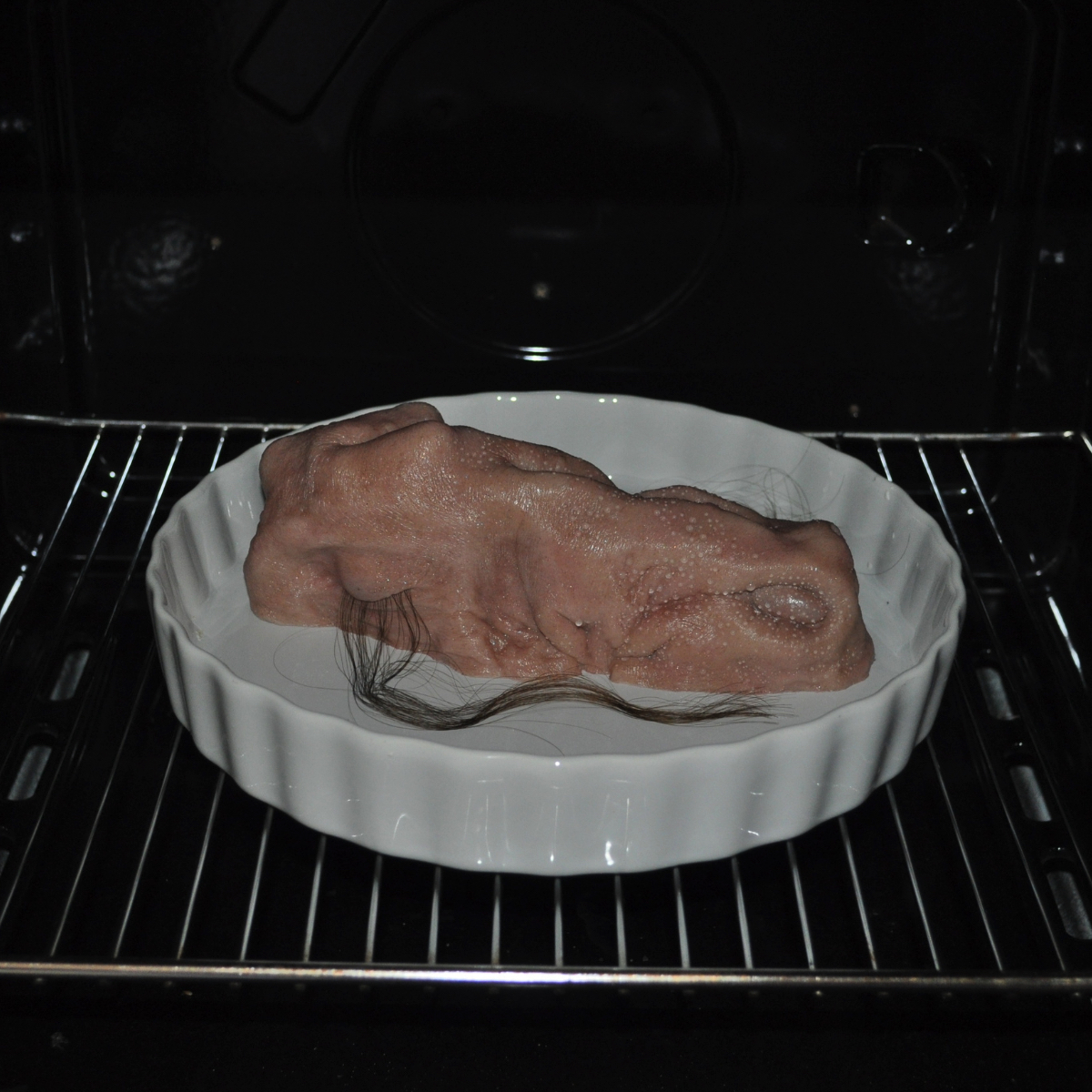 Matteo Ingrao, sculpture, art - Photograph of a hairy lump of synthetic flesh sat in a white crimped pie dish in an oven.