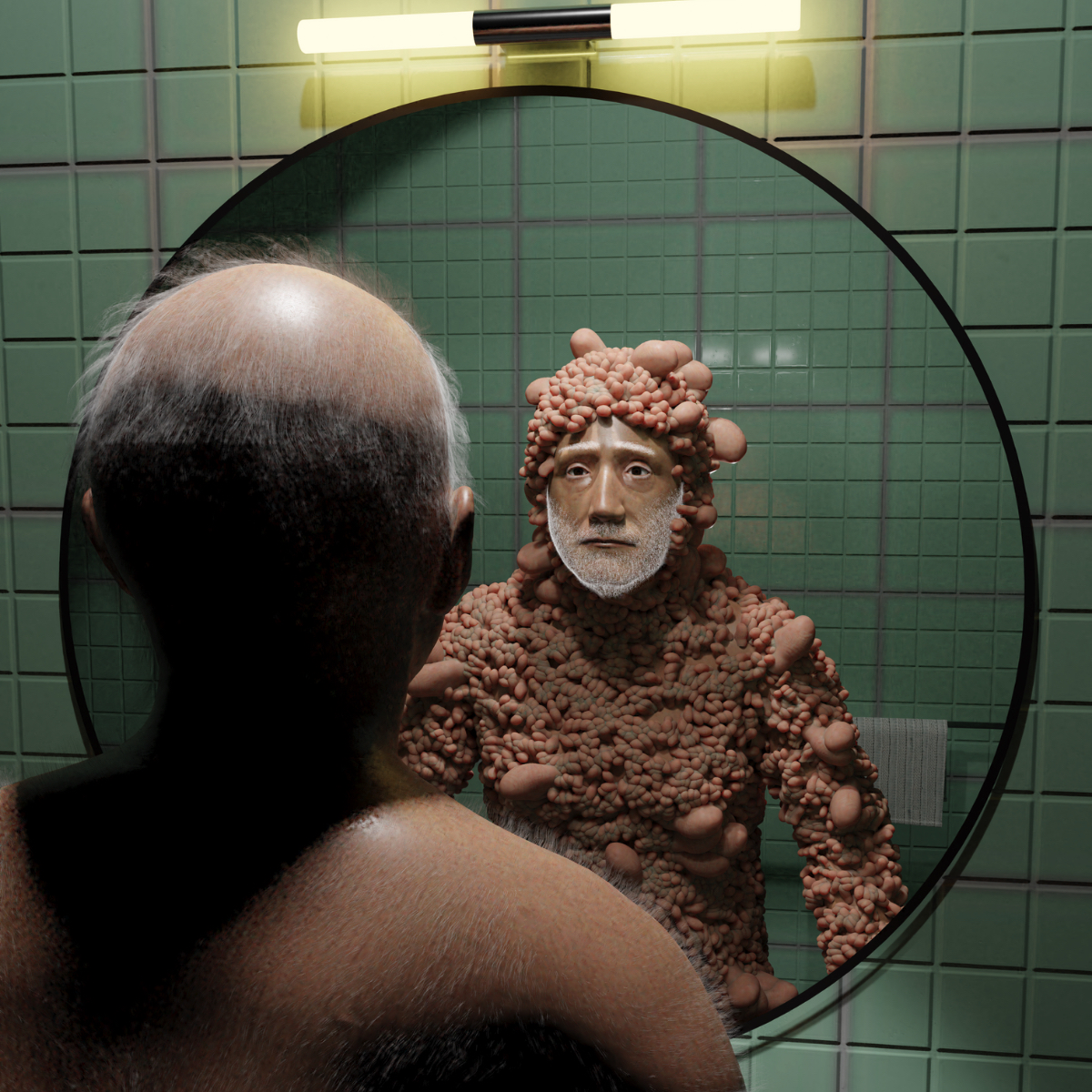Matteo Ingrao, sculpture, art - Photo of a bearded man covered in rounded lumps of flesh-like material looking at himself in the mirror