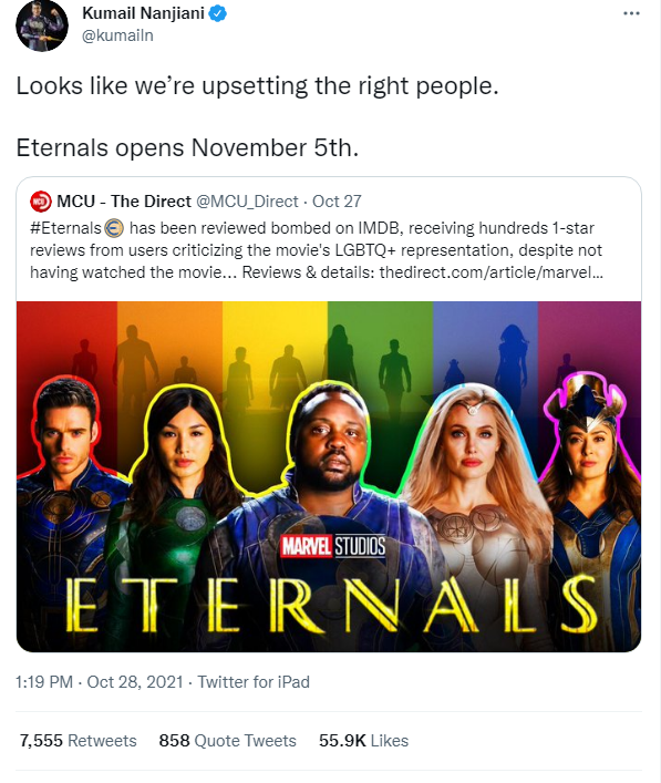 A screenshot of a deleted tweet from Kumail Nanjiani saying that the movie is "upsetting the right people."