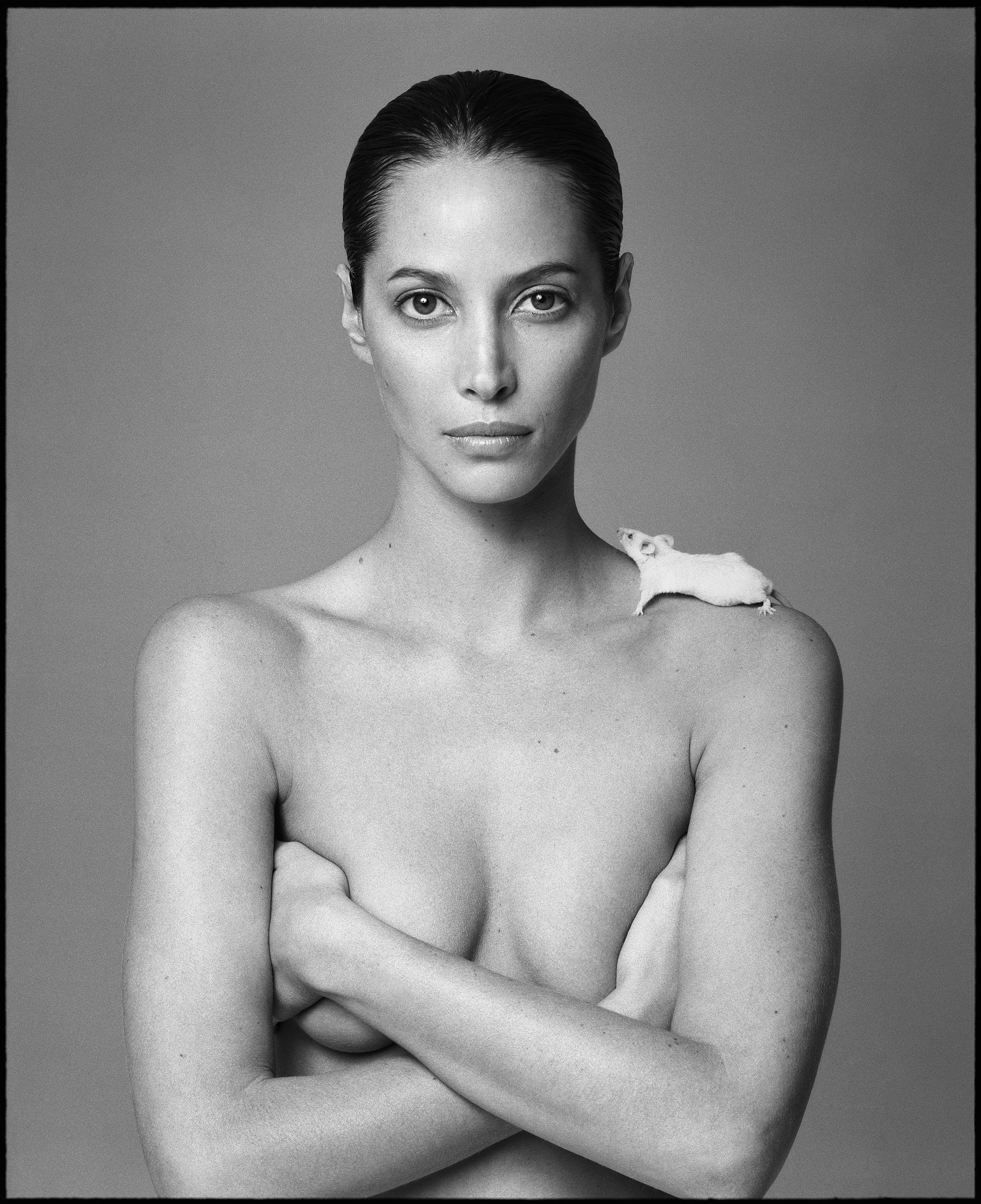 a portrait of christy turlington nude with her arms crossed by patrick demarchelier 1999