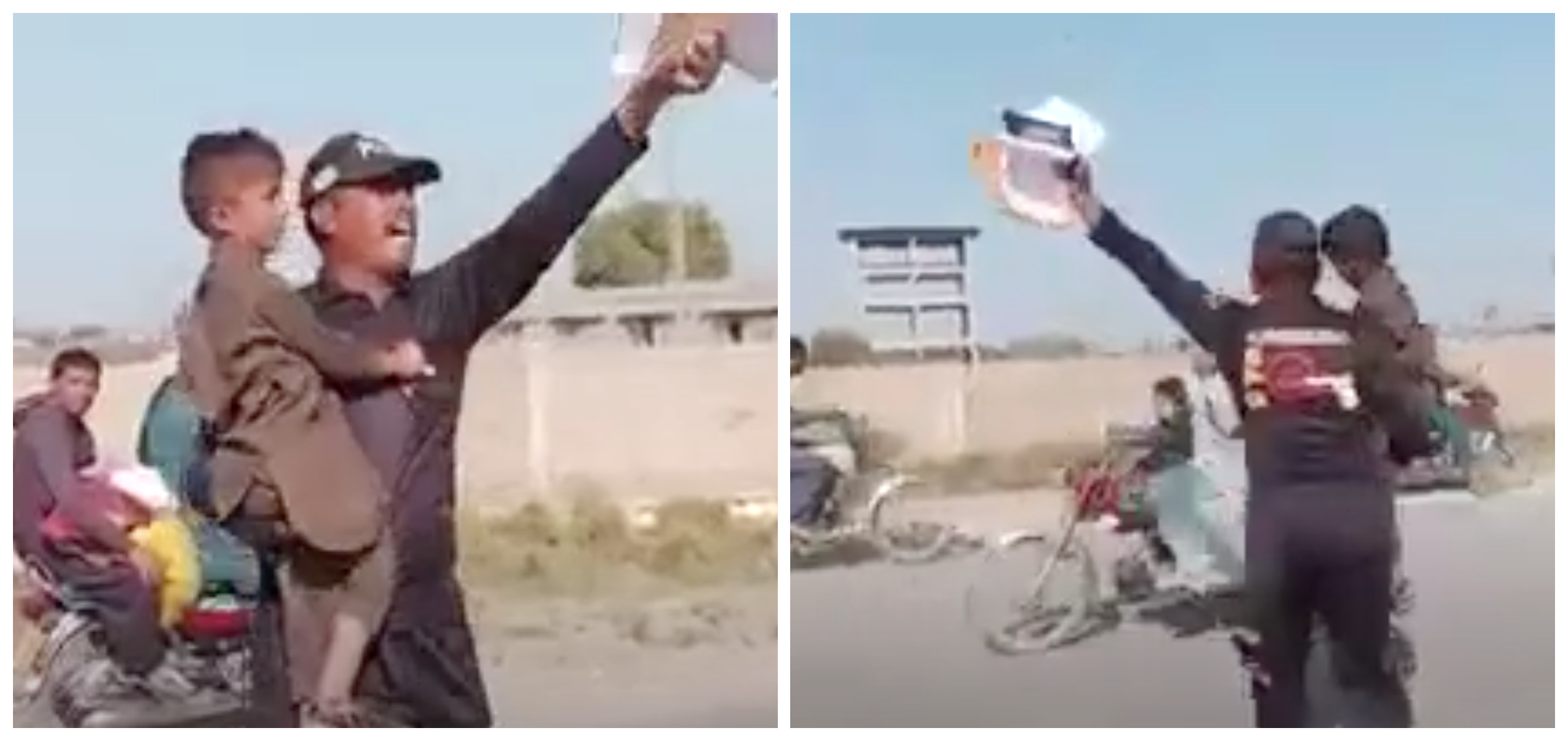 Polisi Nisar Lashari di Pakistan menggendong putranya sambil mengangkat berkas-berkas