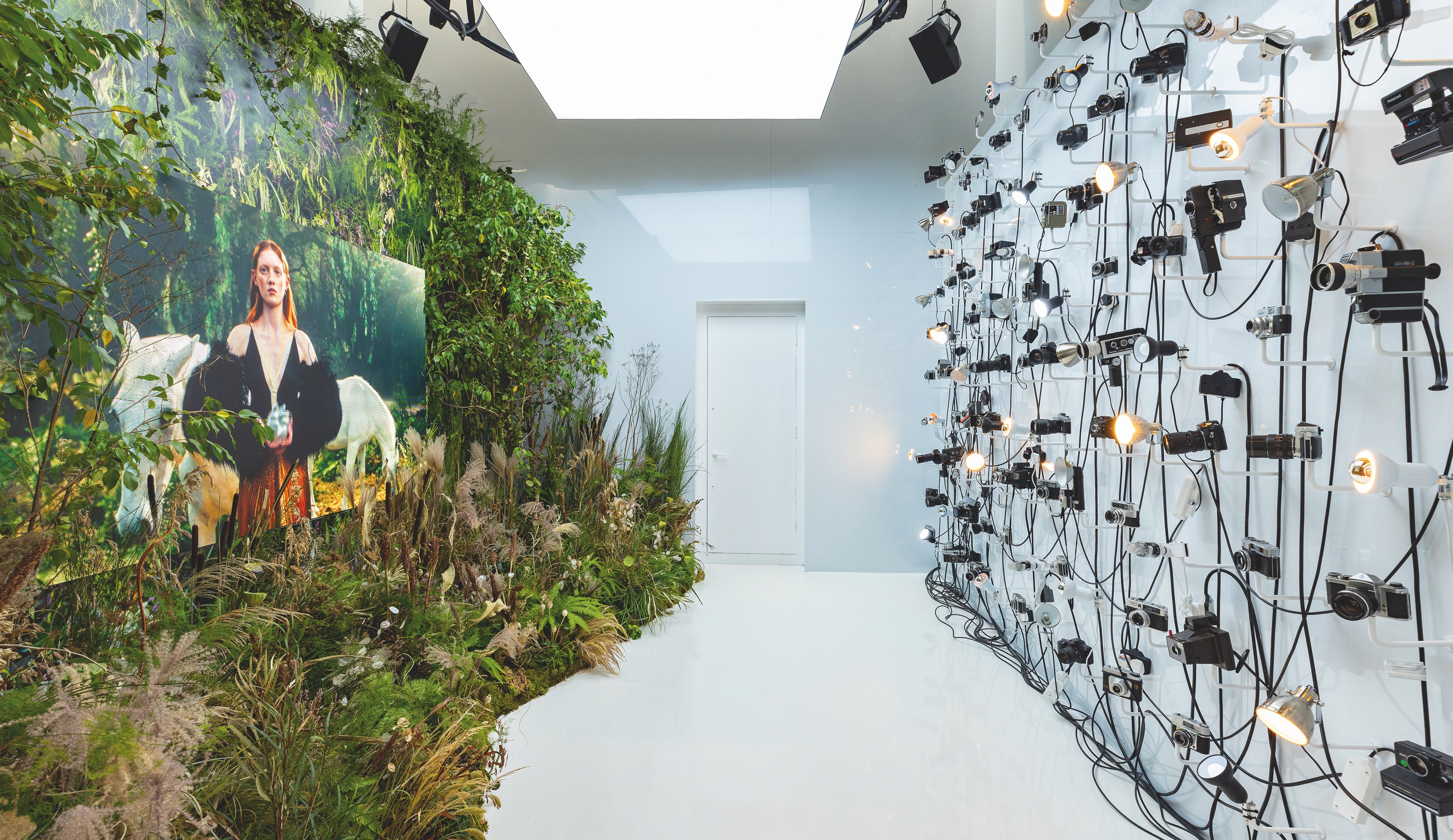 Inside the Gucci Circolo pop up shop with a wall of plants and foliage and on the other side a wall of cameras and lights. 