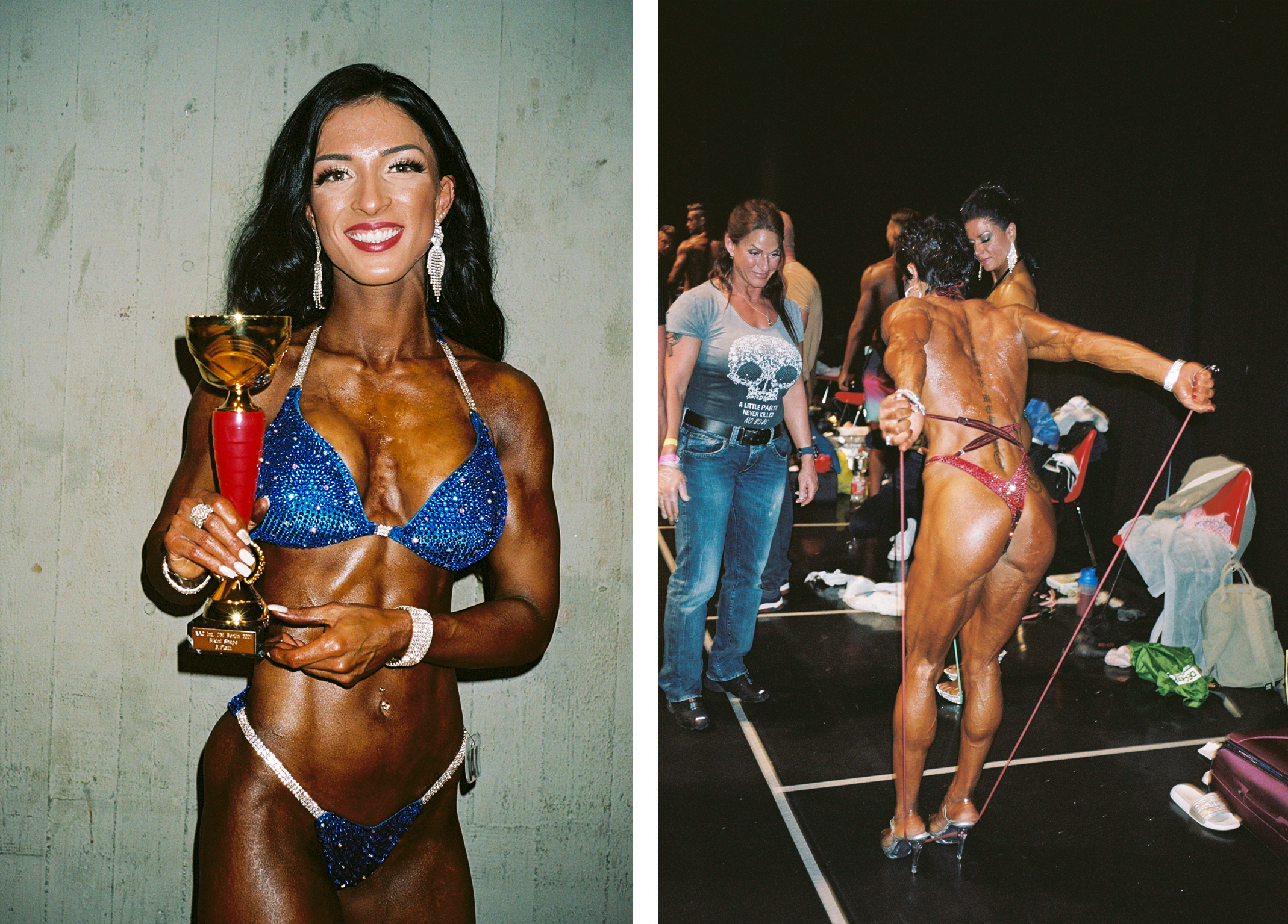 Nikolas-Petros Androbik, bodybuilding, photography - Composite image. Photo on left is a brunette female body builder holding a gold trophy, photo on the right is a female bodybuilder wearing high heels performing an exercise using elasticated rope backstage at the competition.