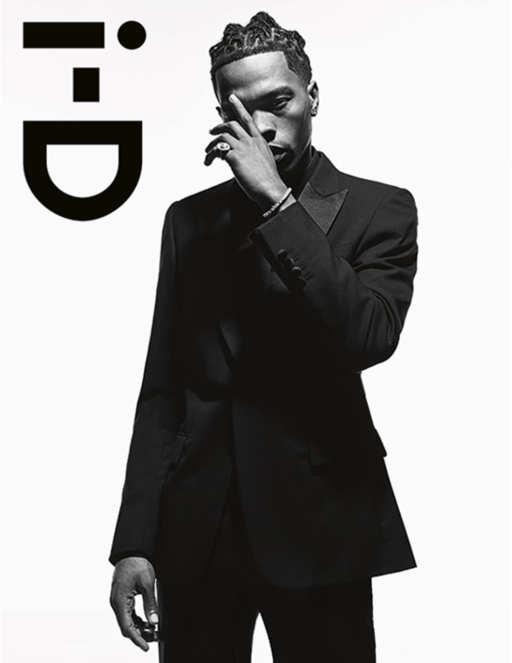 Lil Baby on the cover of i-D, wearing a black suit