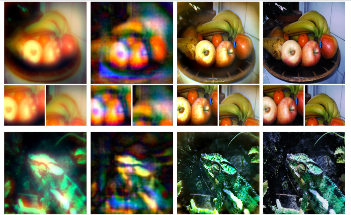 Existing state of the art image results (left two) compared to the new camera (second from right) and ground truth (right). Via Princeton University