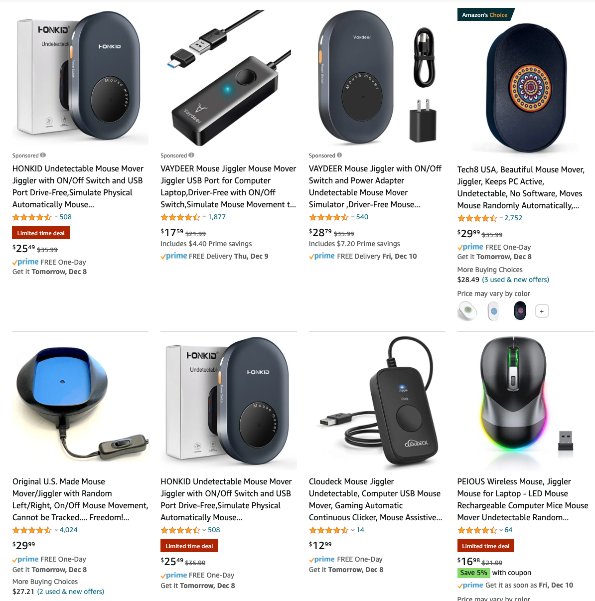 Screenshot of Amazon mouse mover listings