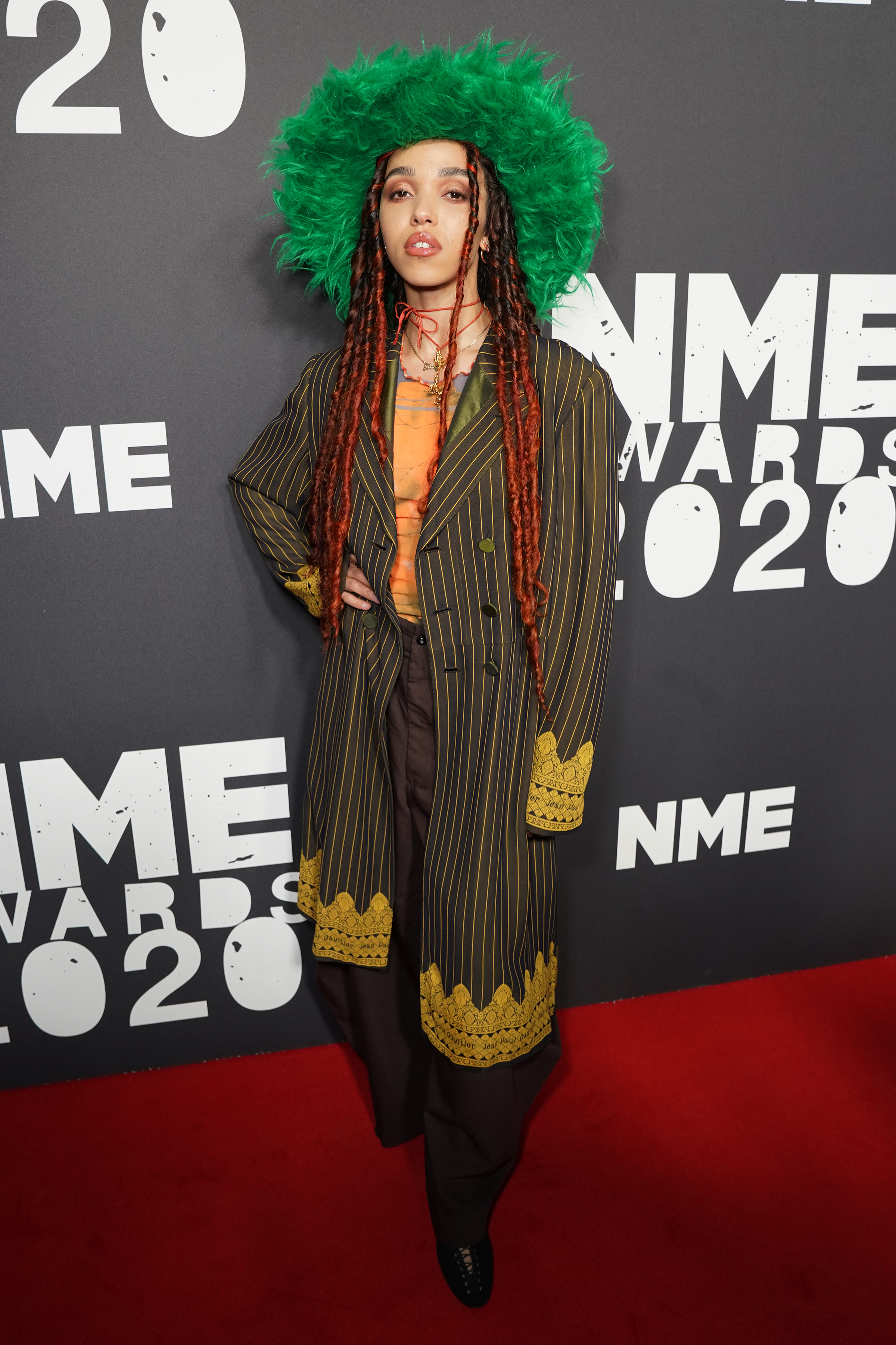 fka twigs wearing vintage gaulthier and a fuzzy green hat at the nme awards 2020