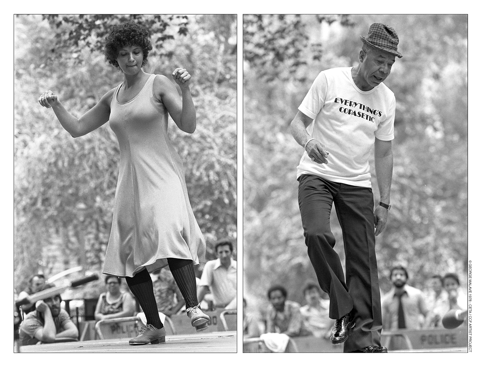 two black and white photos of a woman and a man tap dancing in the street