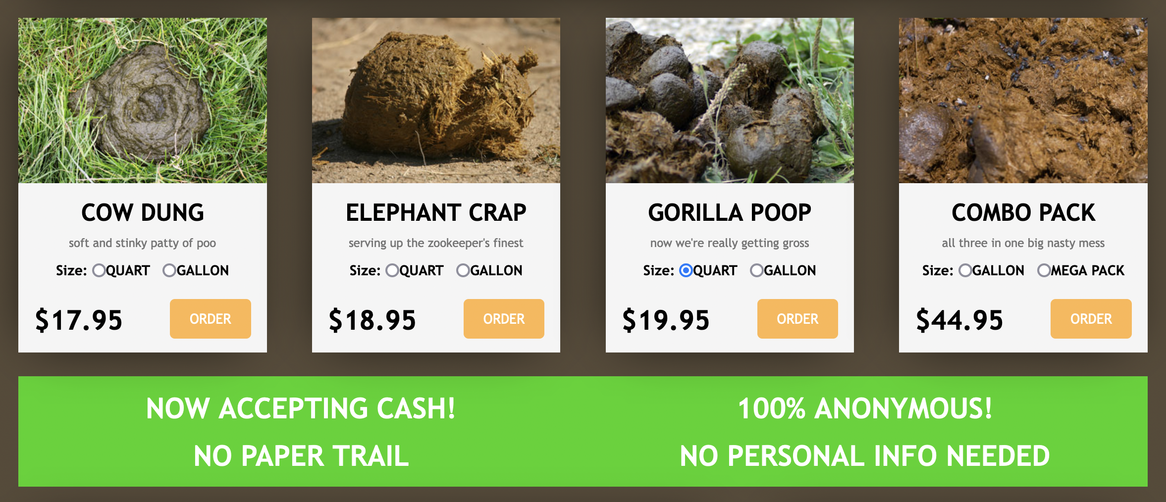 Screenshot from the Poopsenders website offering options such as 