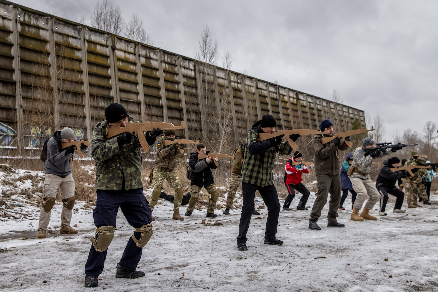 Civilians participate in a Kyiv Territorial Defence unit training session on January 29, 2022 in Kyiv, Ukraine