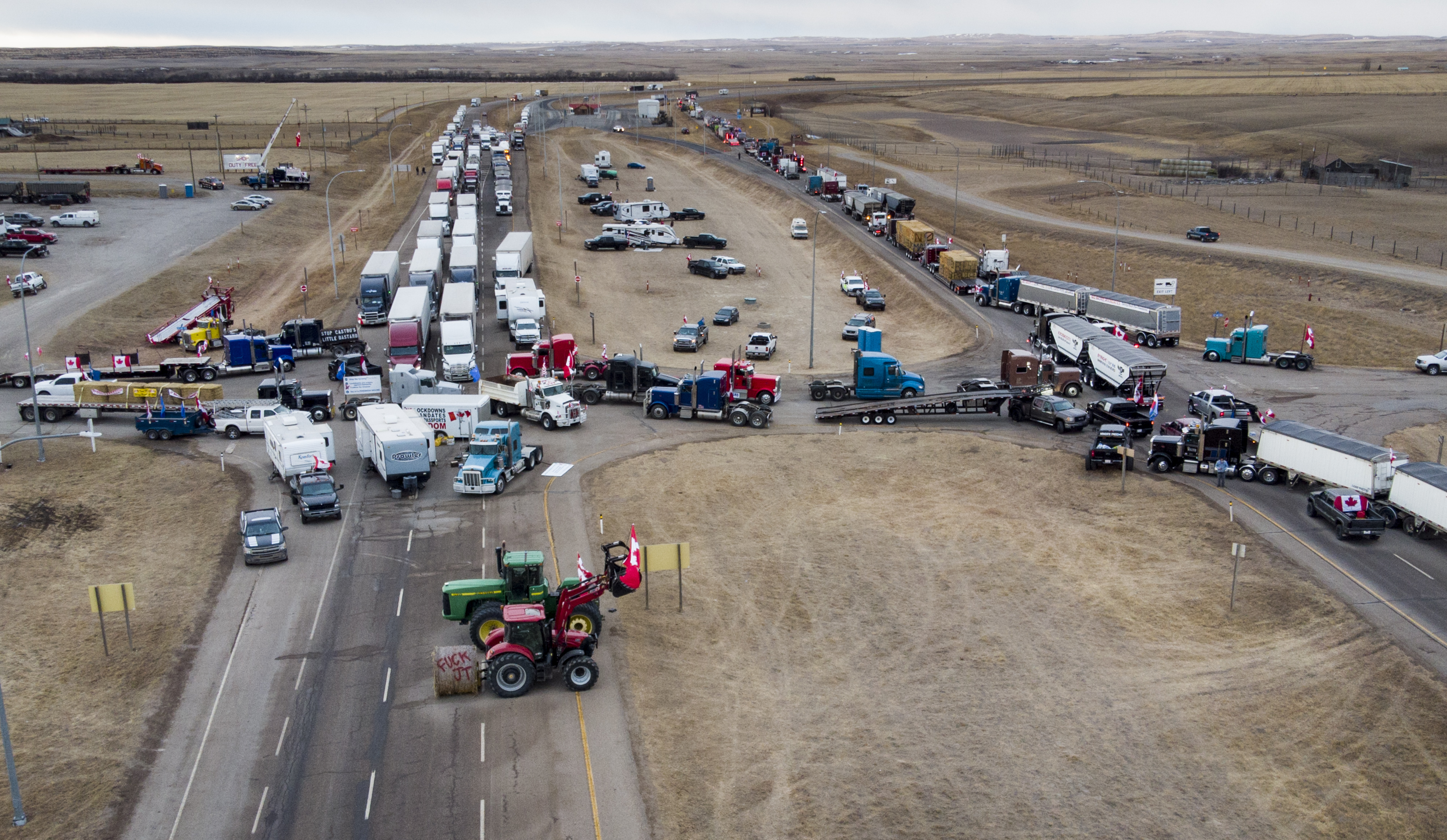 Trucker convoy in Coutts, Alberta. 