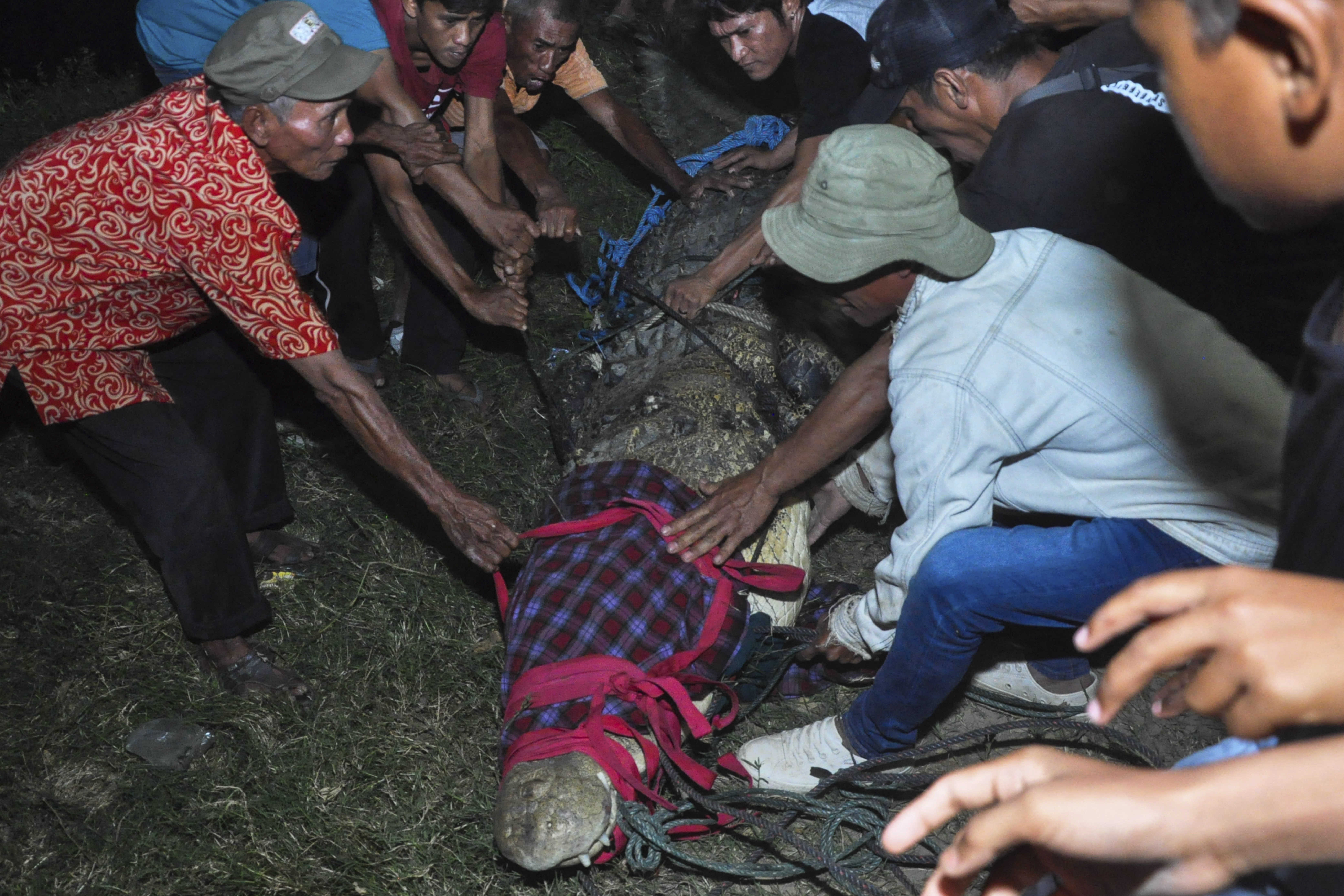 Residents surround the captured crocodile during the late night rescue op. Photo: MUHAMMAD RIFKI / AFP