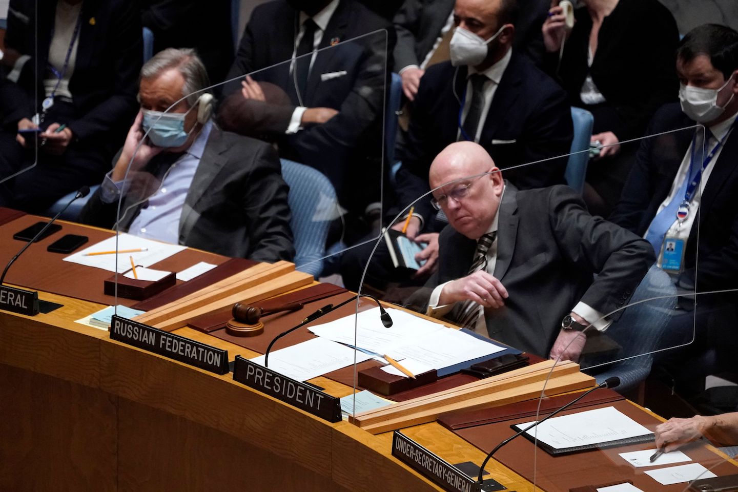 Russian ambassador Vasily Nebenzya refused to acknowledge that Russian forces were attacking Ukrainian cities. Photo: TIMOTHY A. CLARY/AFP via Getty Images