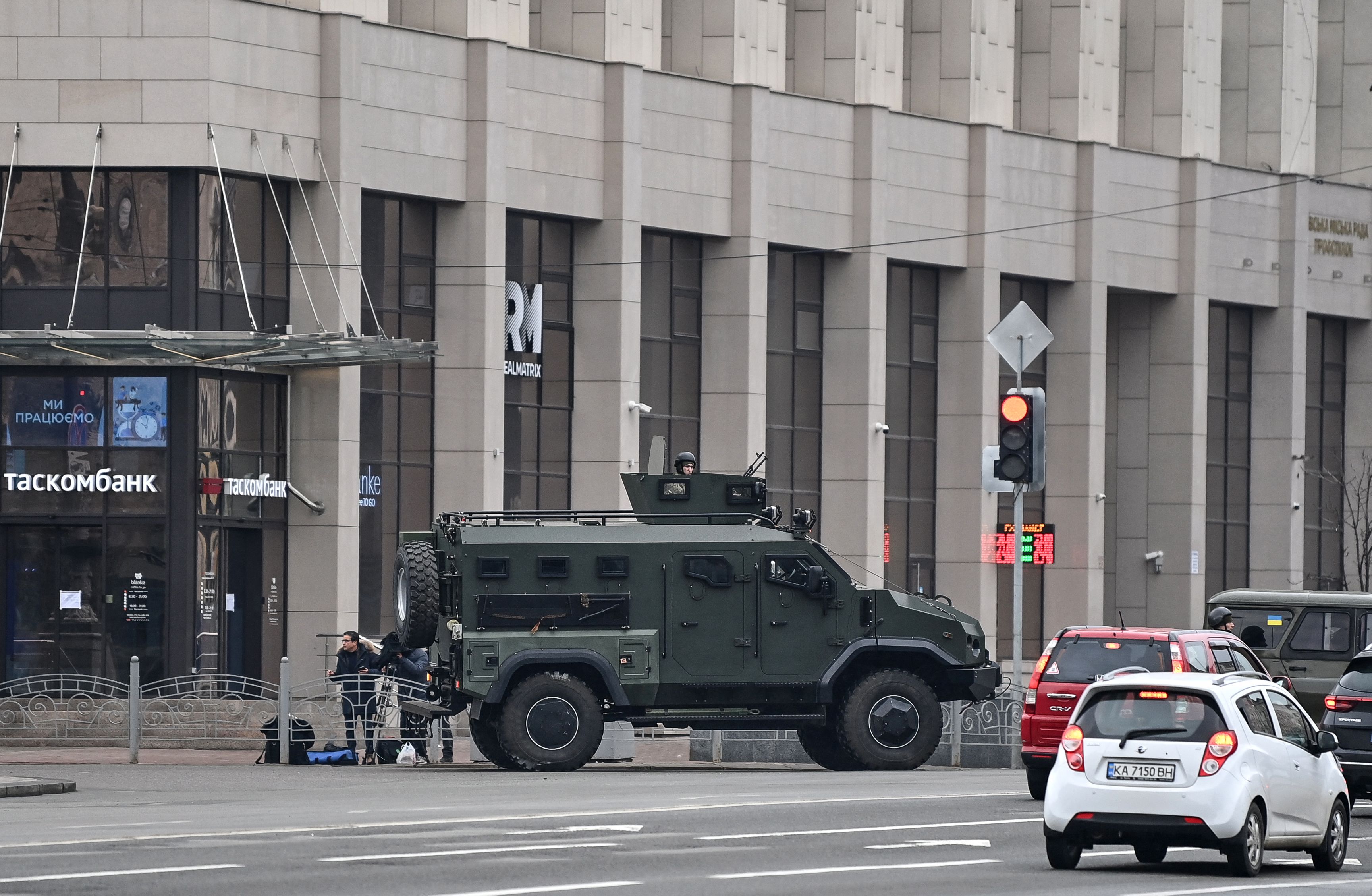 An Ukrainian armored military vehicle is pictured in central Kyiv on February 24, 2022.