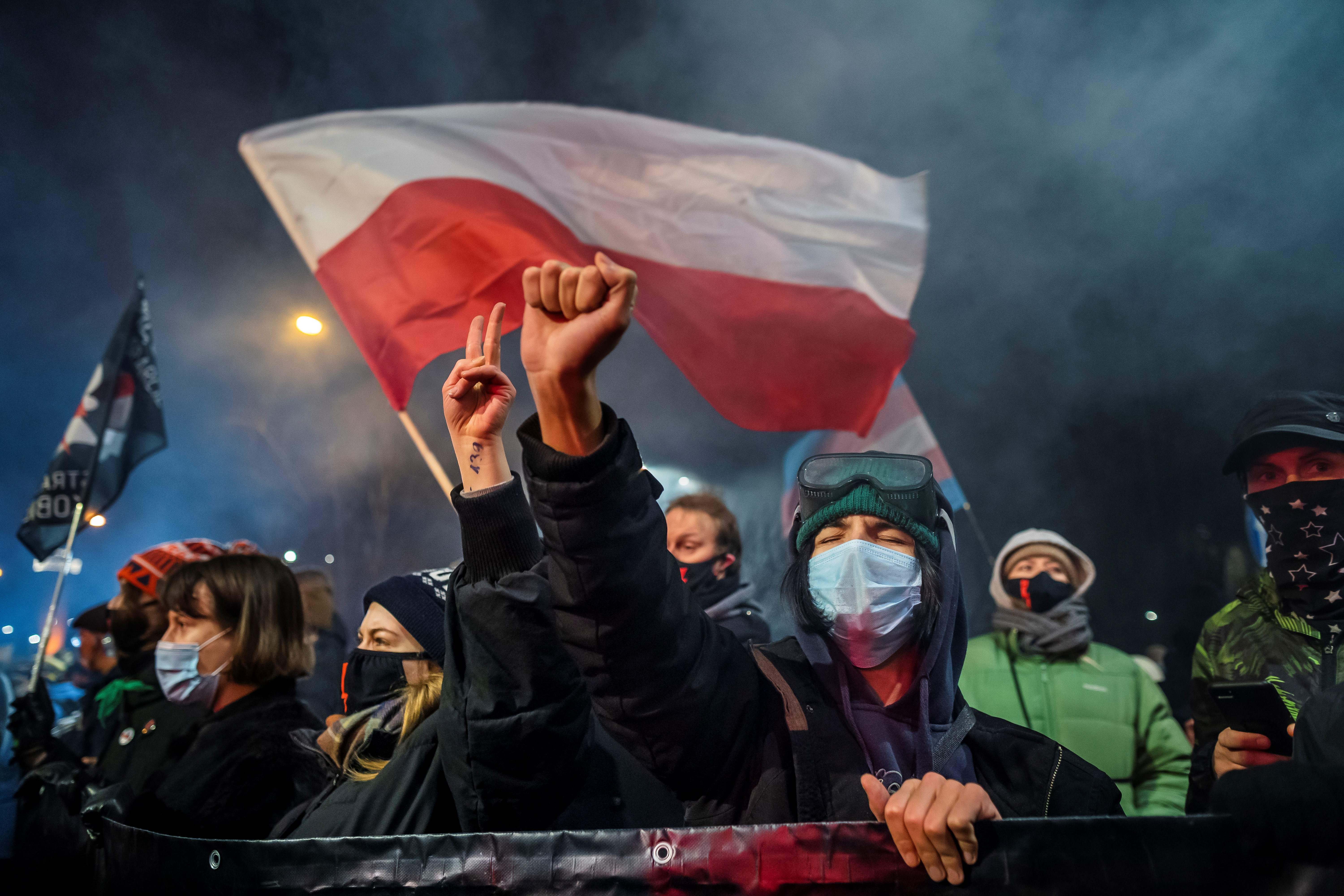 A demonstrator gestures as people take part in a pro-choice protest in Warsaw in January last year. Photo: WOJTEK RADWANSKI/AFP via Getty Images