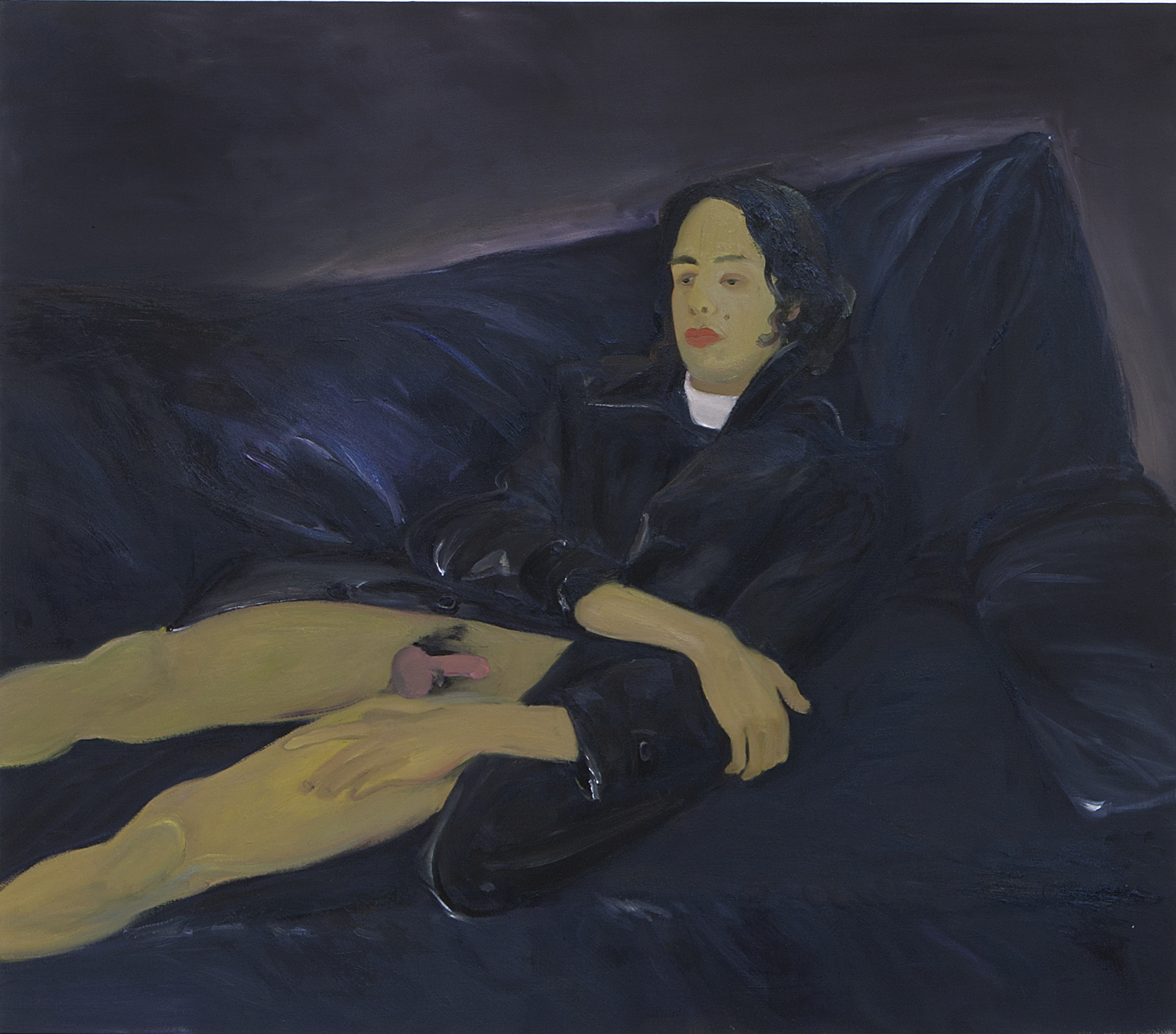 A man on a sofa without pants, wearing a leather jacket by Xinyi Cheng