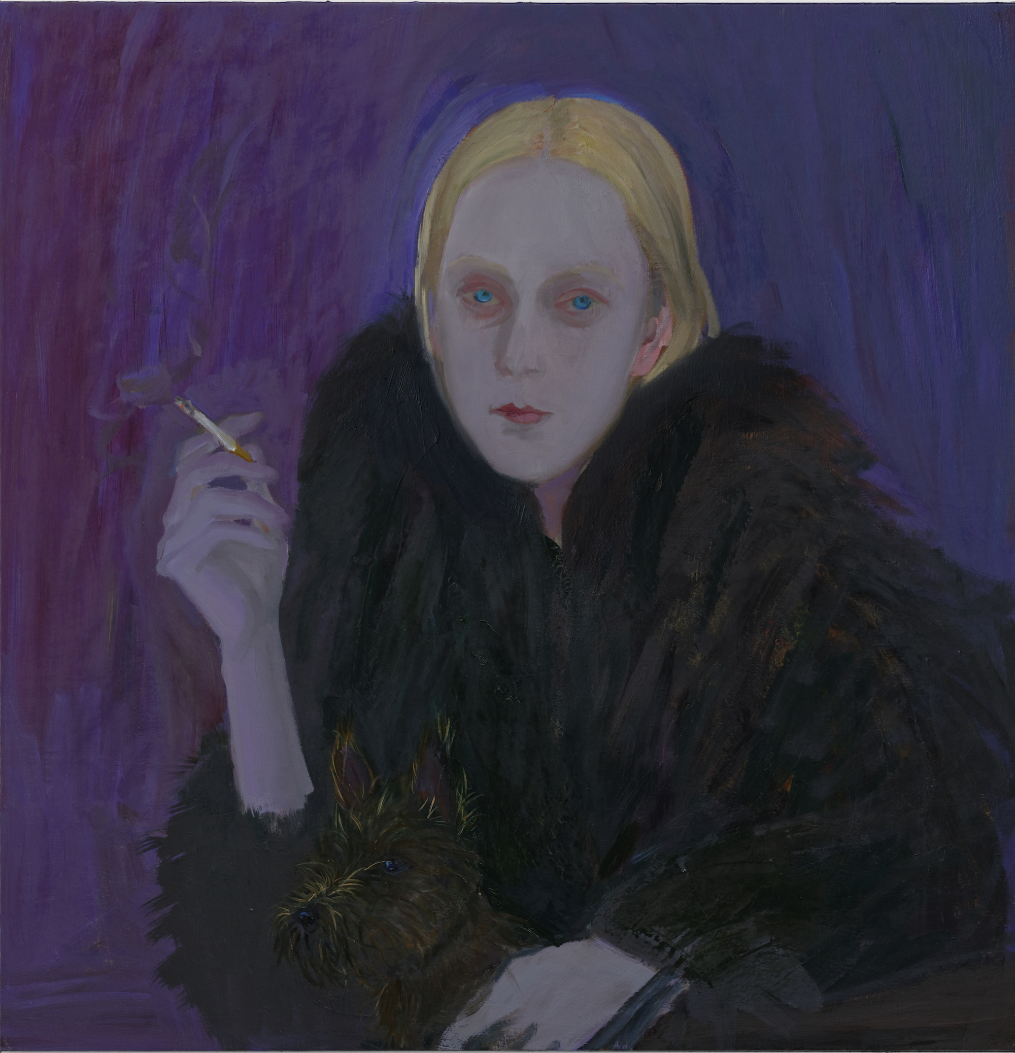 A painting of a woman in a fur coat smoking by Xinyi Cheng