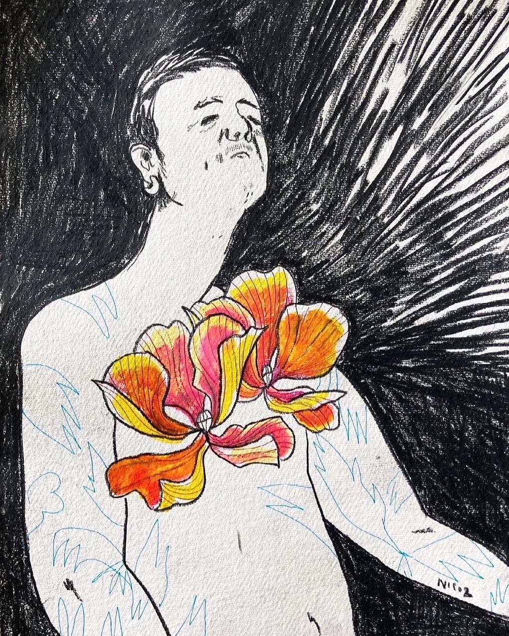 illustrazione nicoz balboa sfondo nero fiori sul petto