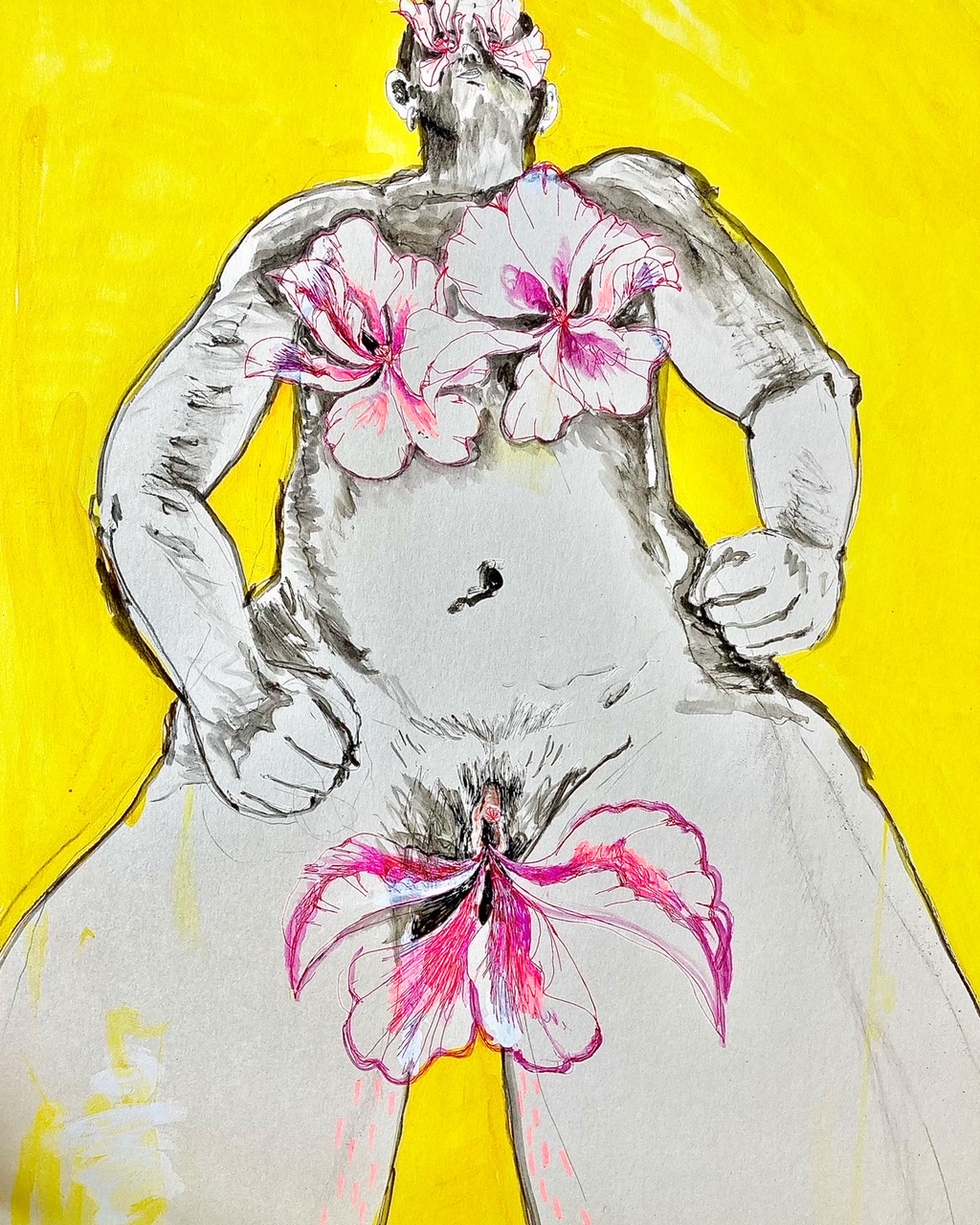 nicoz balboa illustrazione con sfondo giallo fiori sul petto e sul pube