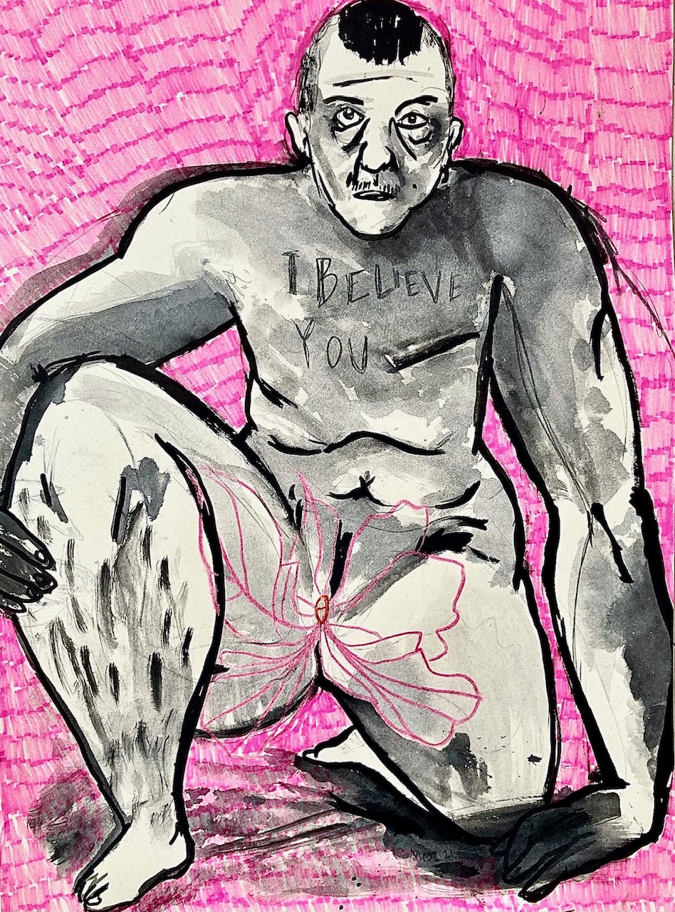 nicoz balboa illustrazione di sé stesso con sfondo rosa